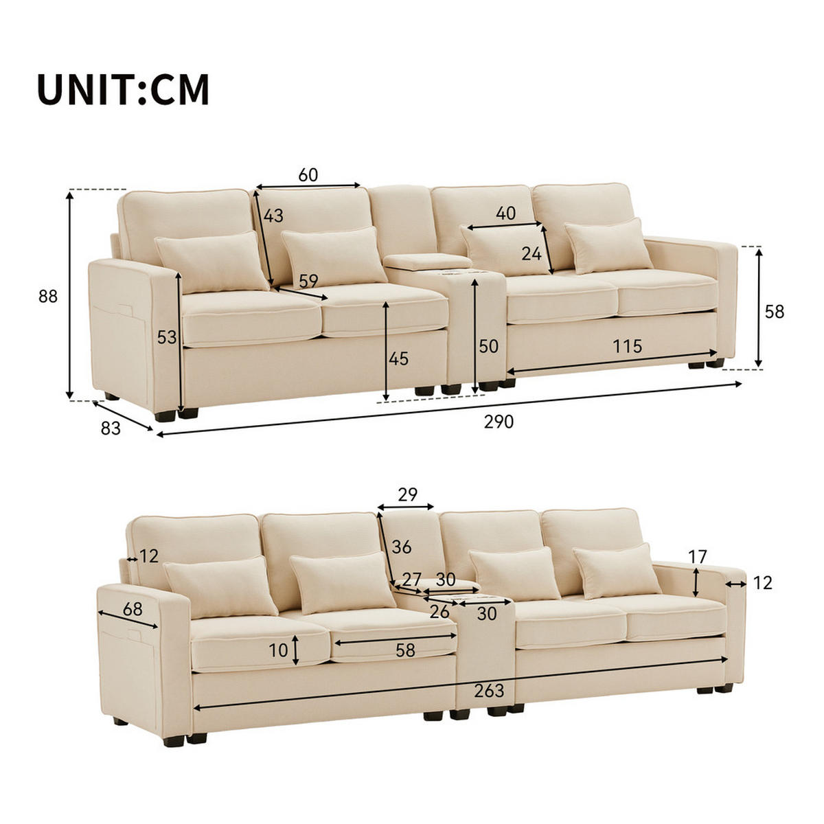 SOFA 4-Sitzer Leinenstoff Getränkehalter USB Armlehnentaschen Modern Büro - Beige, Holz (71/55/57.5cm) - FLIEKS