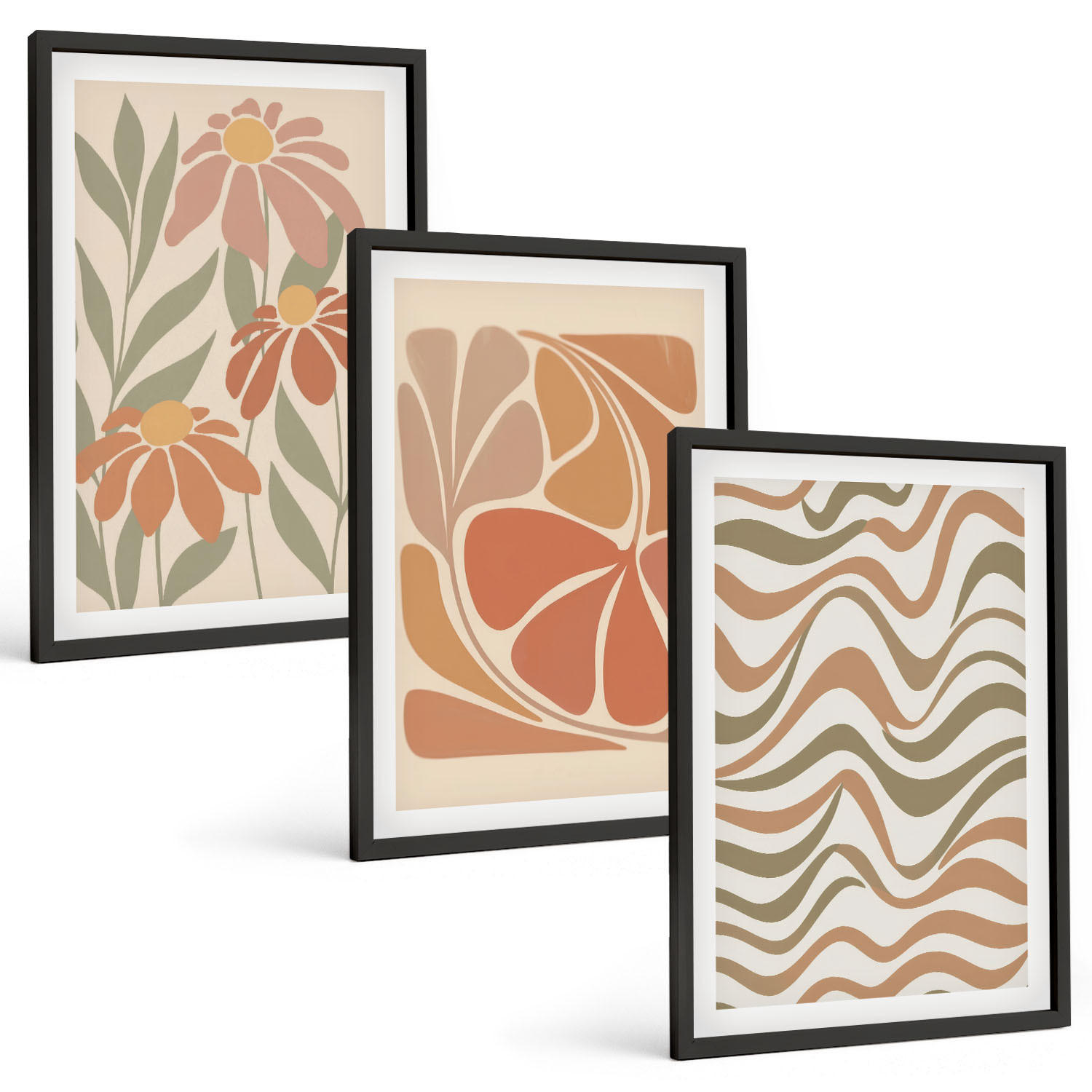 BILDER SET 3er Set - 40x60 cm Schwarzer Rahmen - Abstrakte Pastellblumen - Schwarz, Kunststoff (40/60cm) - TULUP