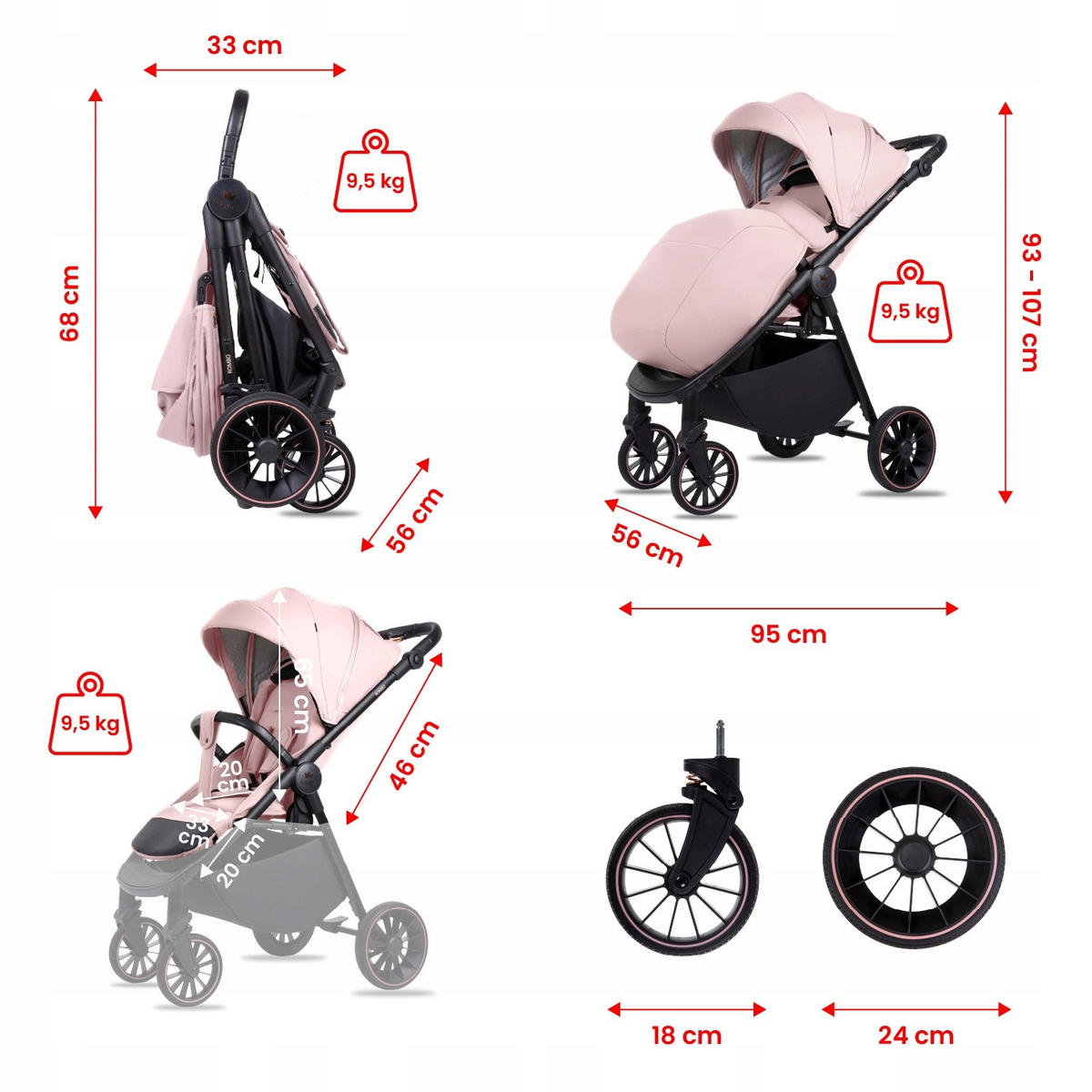 BUGGY Rombo, Klein und Leicht, Teleskopische Führung, Kompakt Faltbar, Wickeltasche, Reisetasche - Schwarz/Rosa, Textil/Metall (58/98cm) - BabyLux