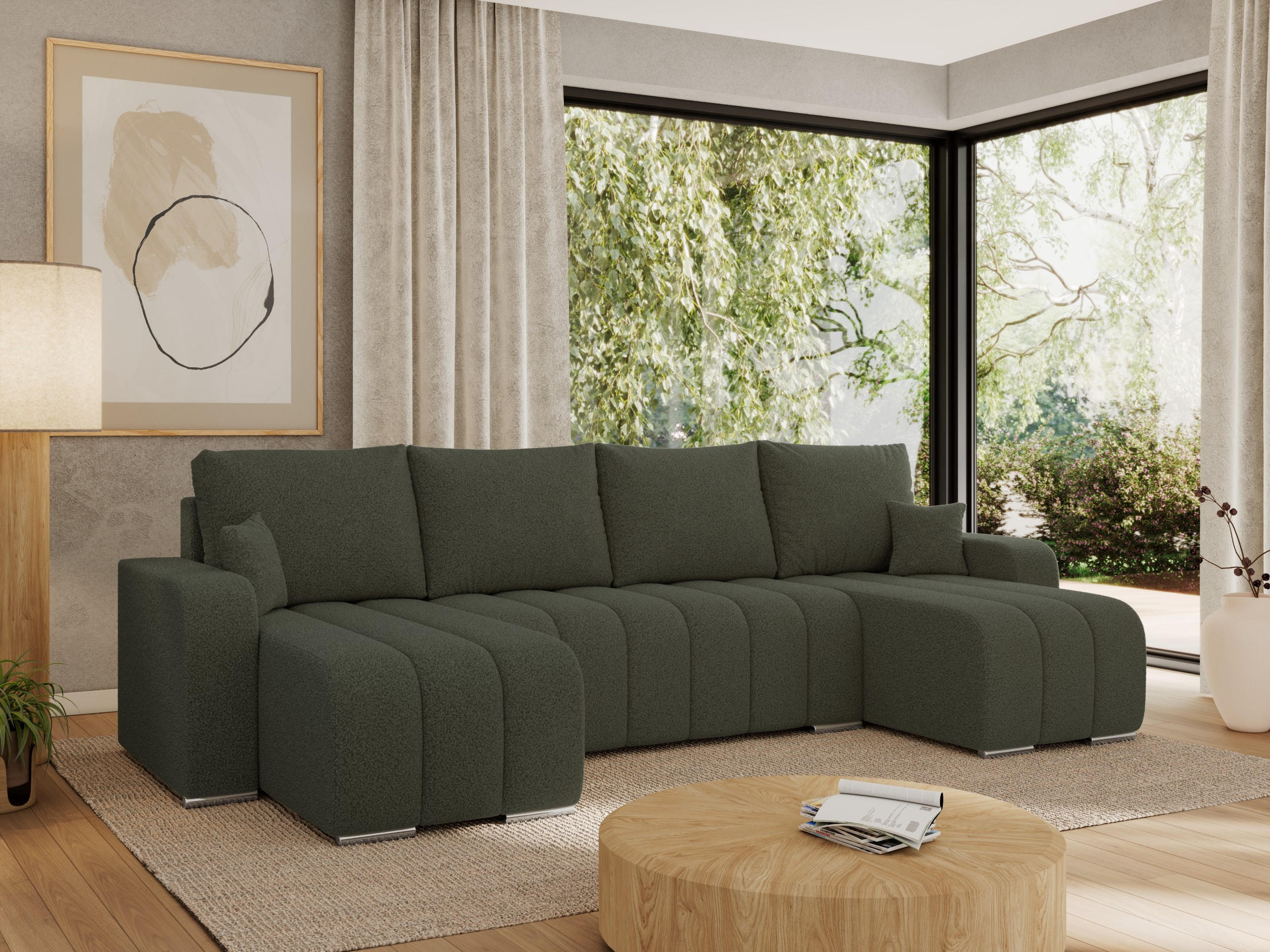 WOHNLANDSCHAFT KIRASSO U Grün Boucle - Grau/Grün, Textil/Metall (320/86/147cm) - MKS
