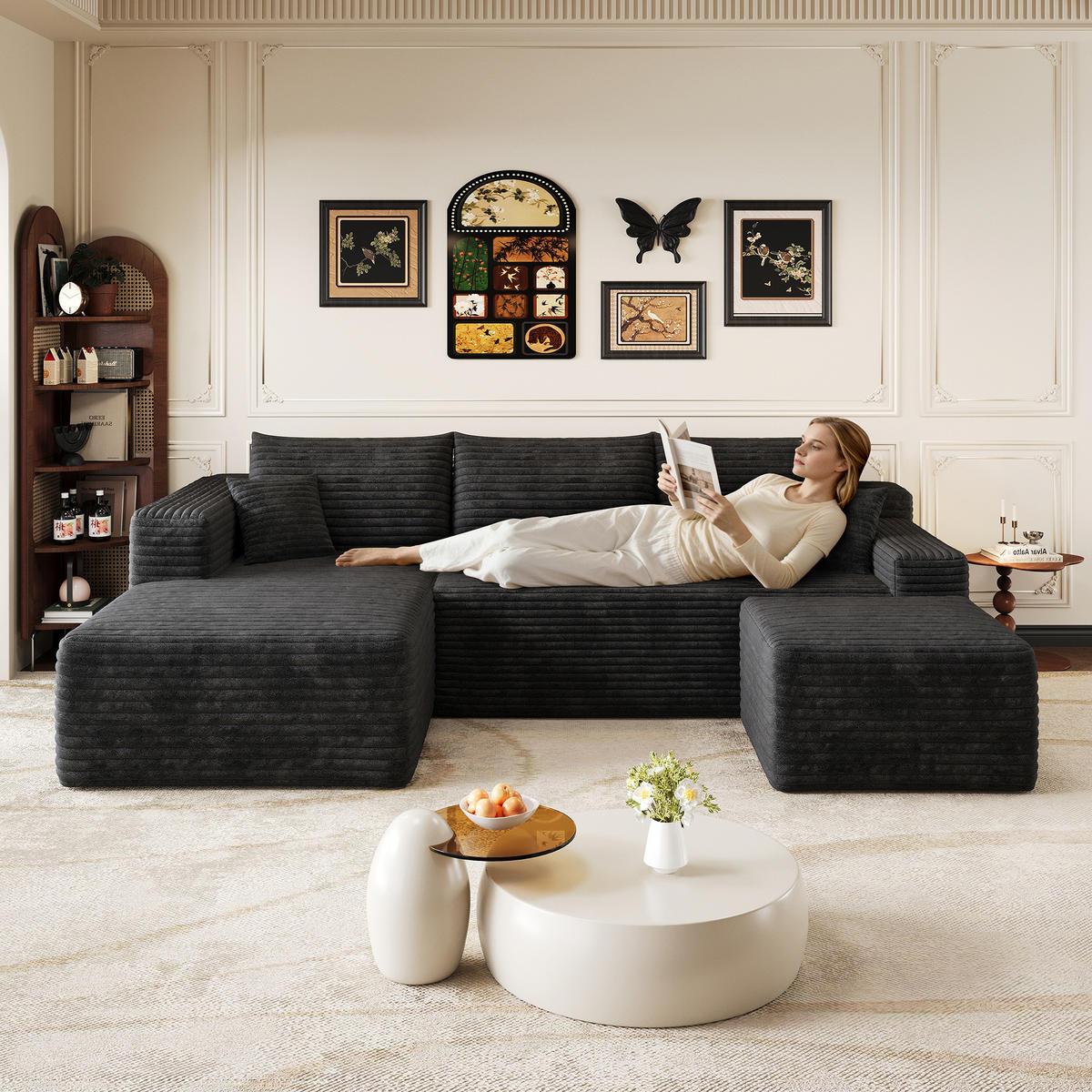 ECKSOFA 241 cm aus Stoff mit Cordbezug und Chaiselongue Schwarz - Schwarz, Textil (151/241cm) - Modenvie