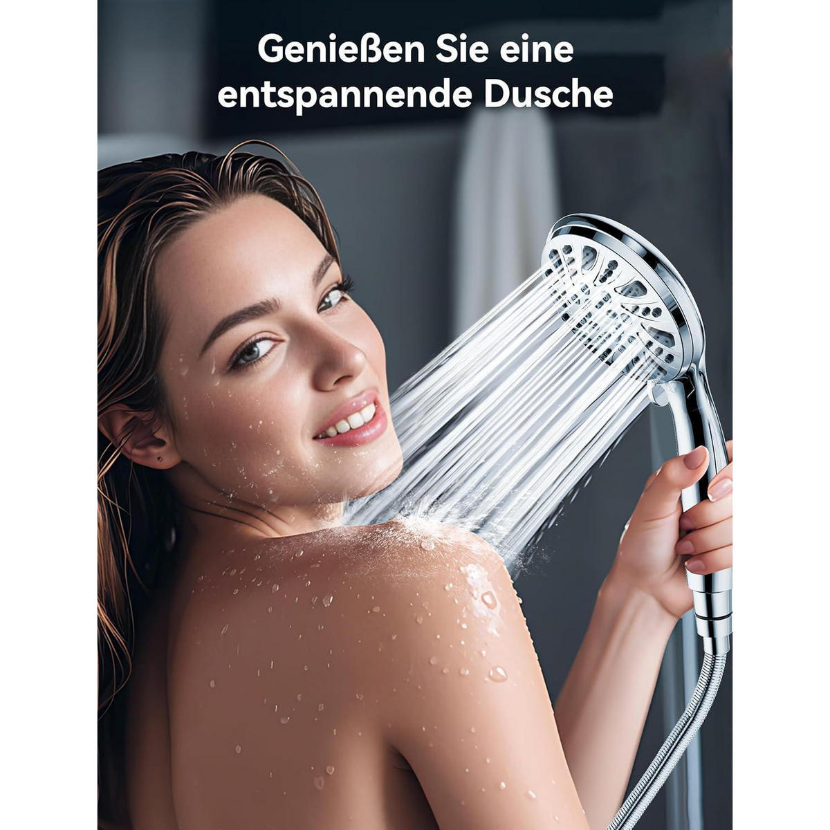 HANDBRAUSE Set mit Schlauch 59 Zoll 5 Strahlarten Hochdruck Wassersparend Chrom Silber - Silberfarben, Metall (10.5/12.7/24cm)