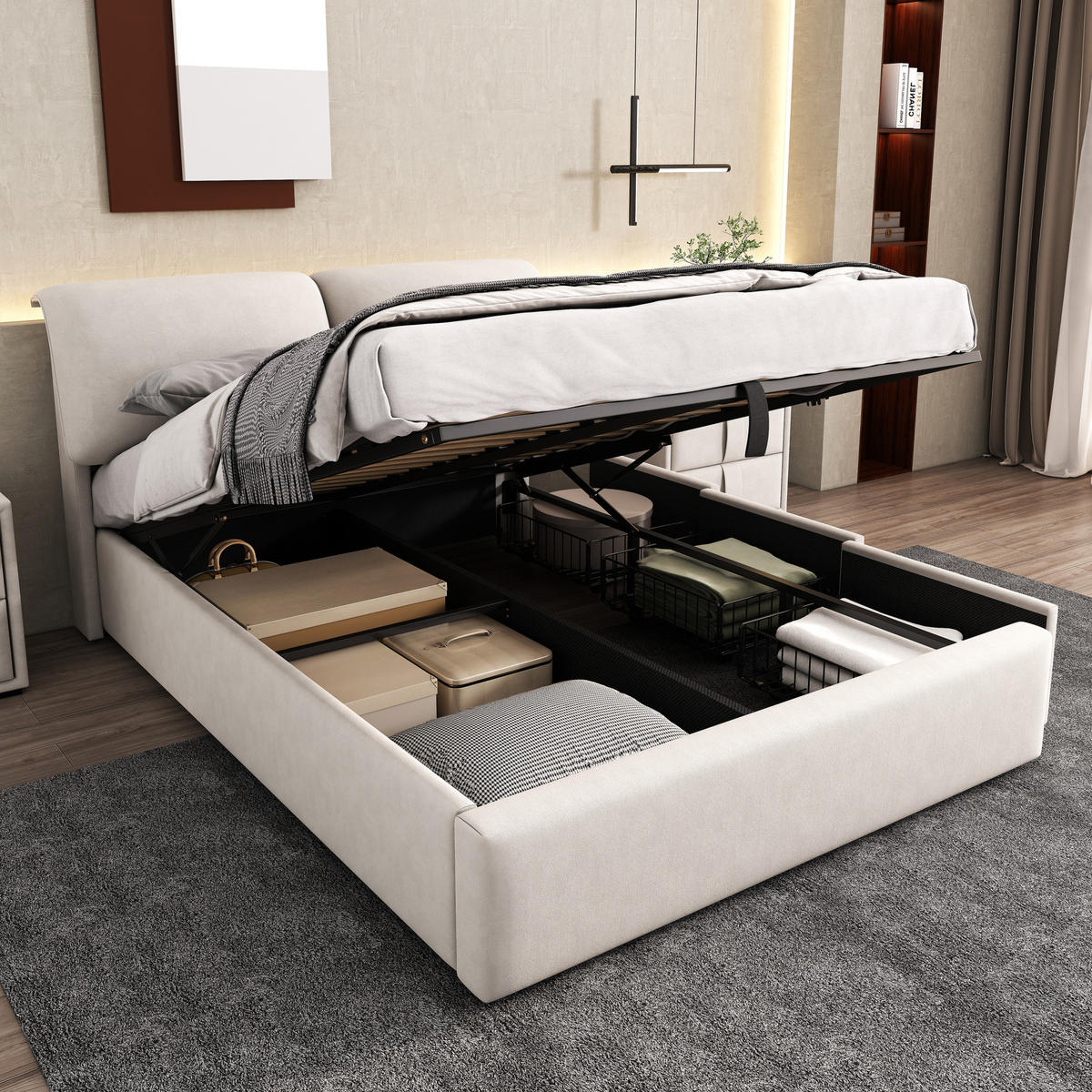 POLSTERBETT 140/190 cm aus Samt mit hydraulischem Stauraum und 3 Schubladen Beige - Beige, Textil (140/190cm) - Modenvie