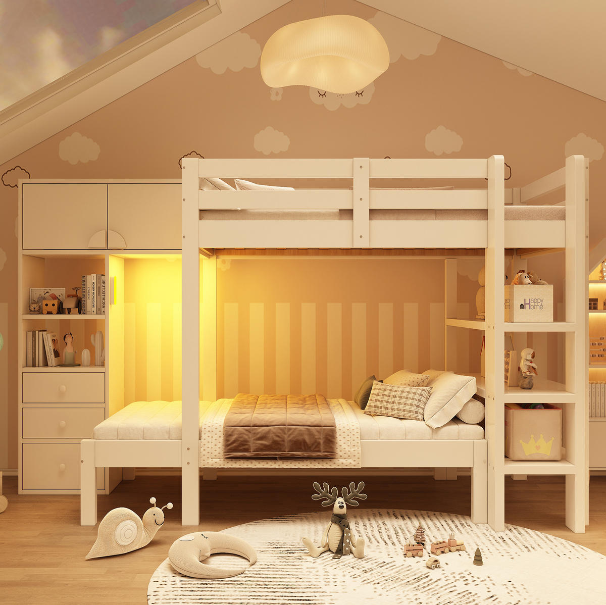 ETAGENBETT 90/200 cm in Weiß mit Schrank, Regal und LED-Nachtlicht - Weiß, Metall (90/200cm) - BEAOK