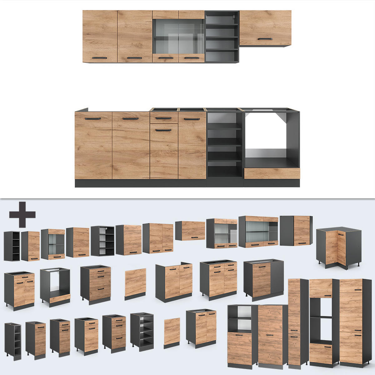 KÜCHENZEILE R-Line Goldkraft Eiche/Anthrazit 240 cm, AP Eiche - Anthrazit/Eiche Wotan, Holzwerkstoff (240/81.6/60cm) - Vicco