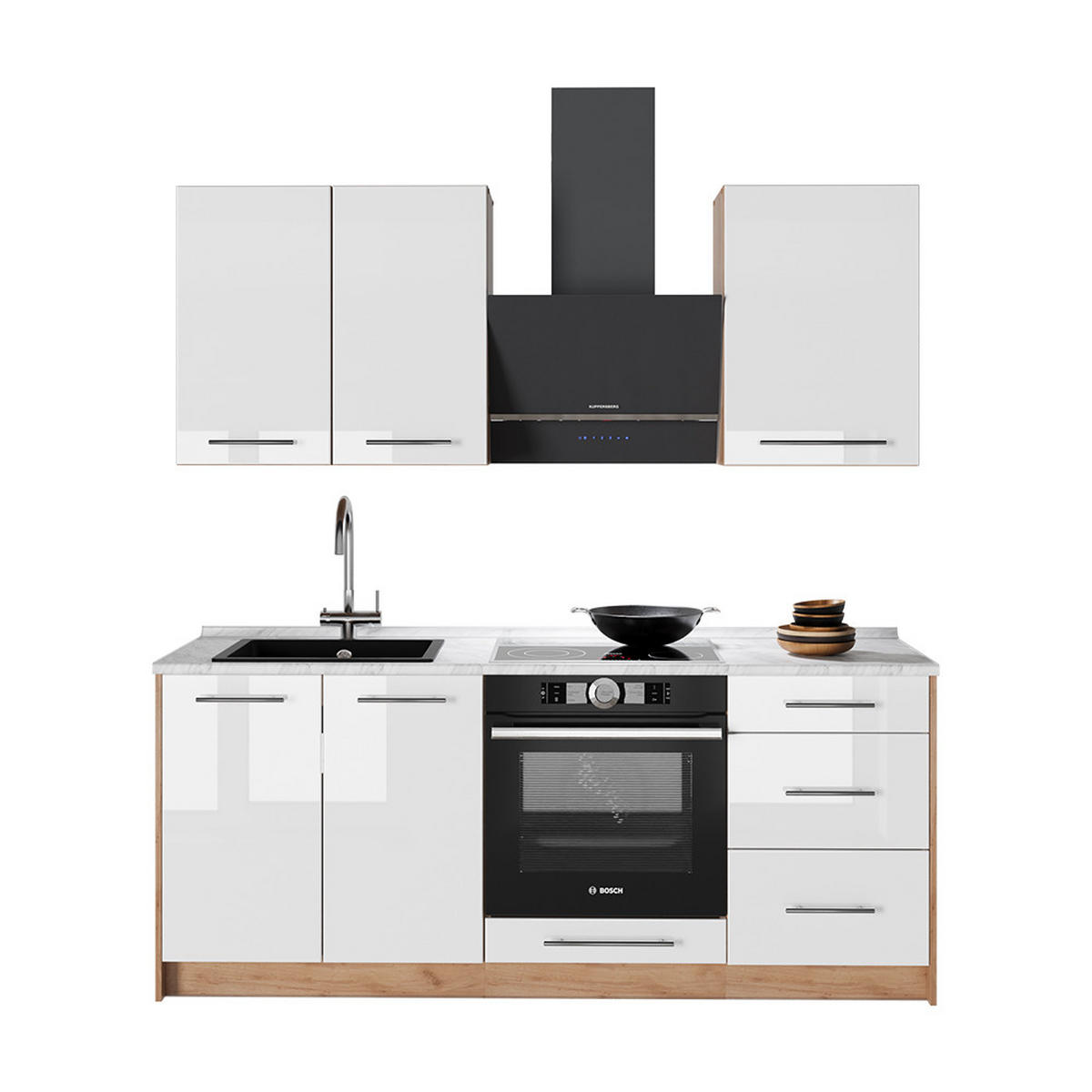 SINGLEKÜCHE Fame-Line, Weiß Hochglanz/Goldkraft Eiche, 190 cm, AP Anthrazit - Honigeiche/Weiß Hochglanz, Holzwerkstoff (190/82/60cm) - Vicco