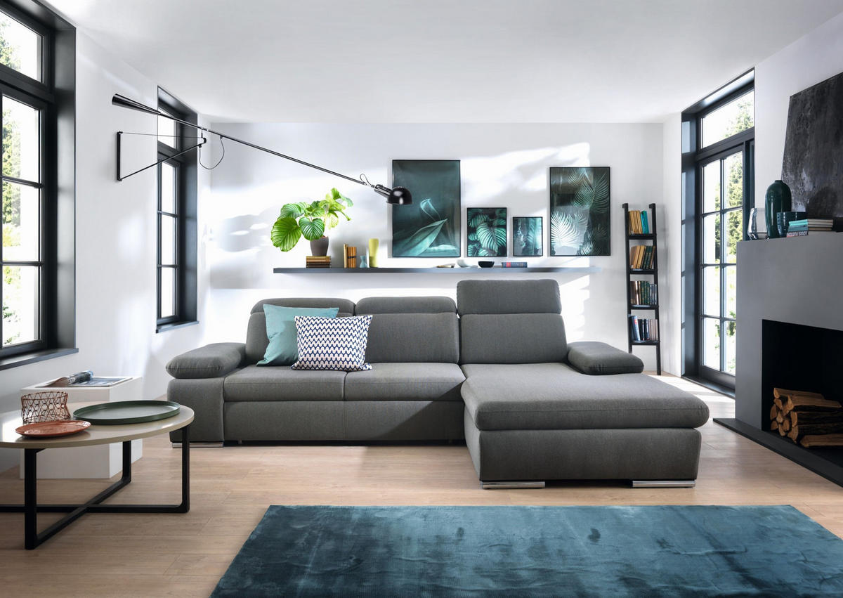 ECKSOFA GUIDO Grau Velours-Stoff mit Schlaffunktion - Grau, Holz (285/194cm) - MASSENO