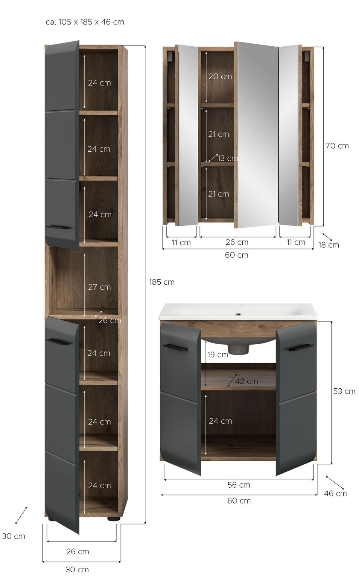 BADMÖBEL-SET 3-teilig Schwarz matt, Eiche Nox, Badezimmer Komplett-Set mit Waschbecken, 105 x 185 cm - Eichefarben/Schwarz, Glas/Keramik (105/185/46cm) - Inn.Furn