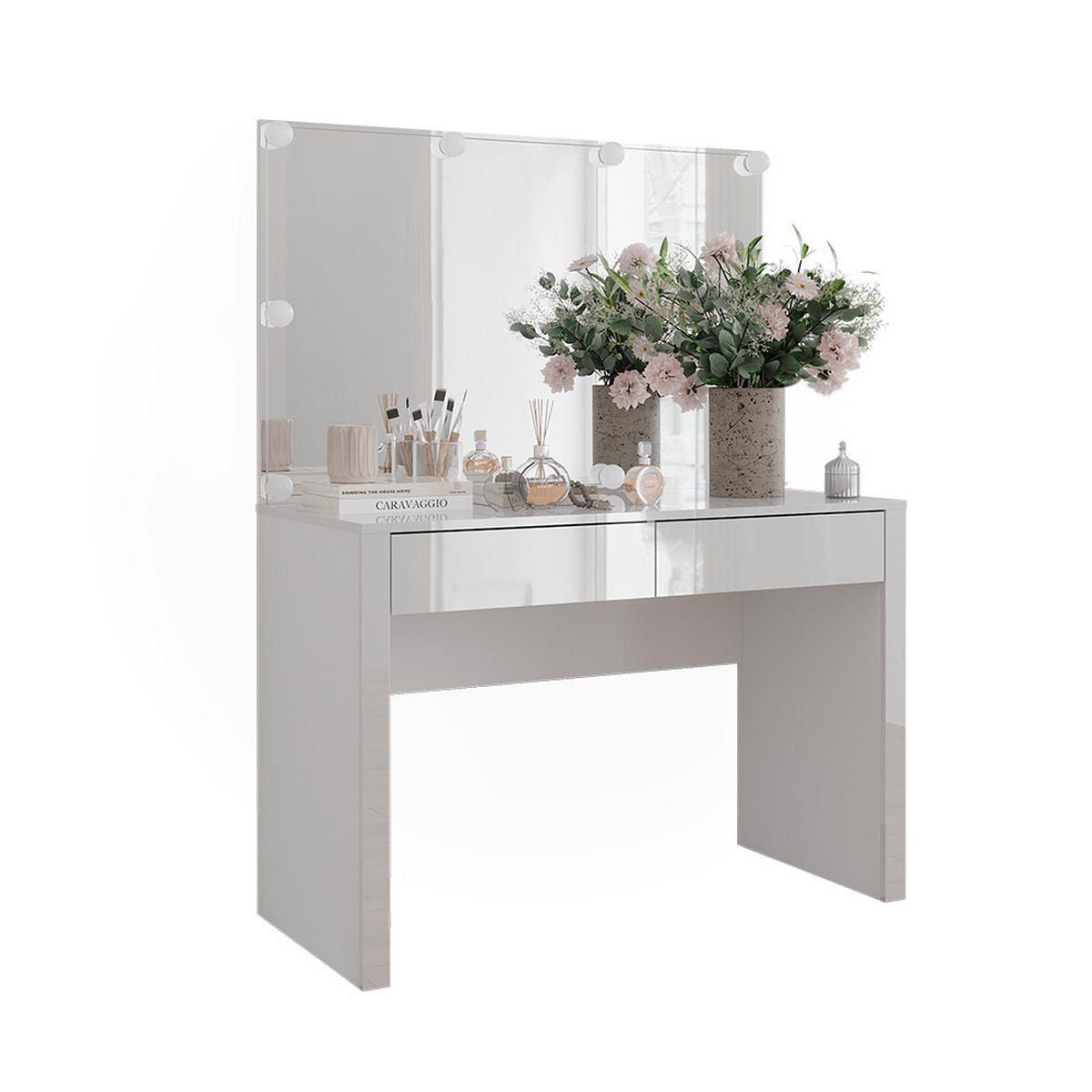 SCHMINKTISCH Annabelle Weiß Hochglanz/Weiß 110 cm mit Spiegel und Lampen - Weiß Hochglanz/Weiß, Holzwerkstoff (110/75.5/50cm) - Vicco