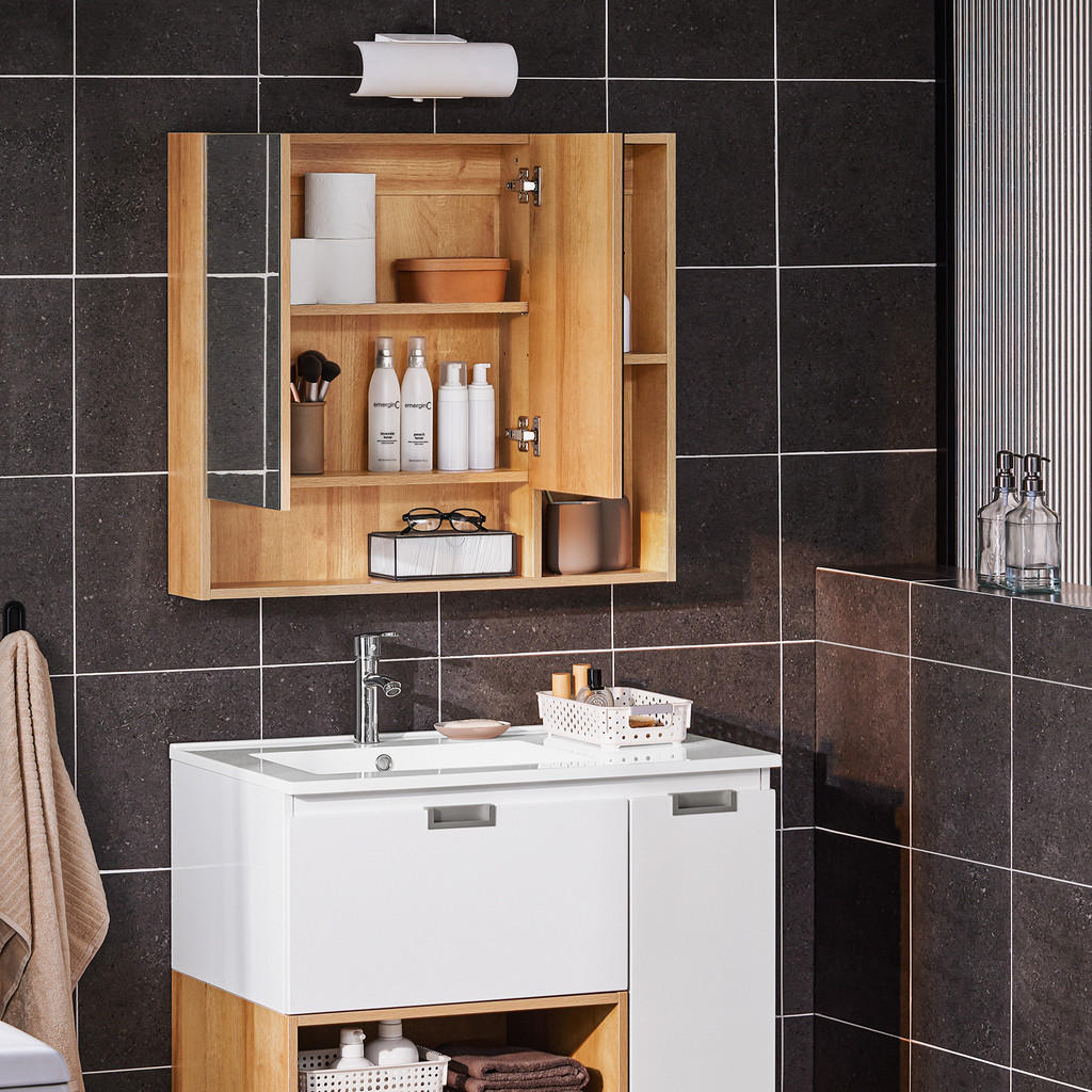 Thumbnail - SoBuy Spiegelschrank, Braun, Holzwerkstoff, Glas, 80x70x13 cm, Badezimmer, Badezimmerspiegel, Spiegelschränke