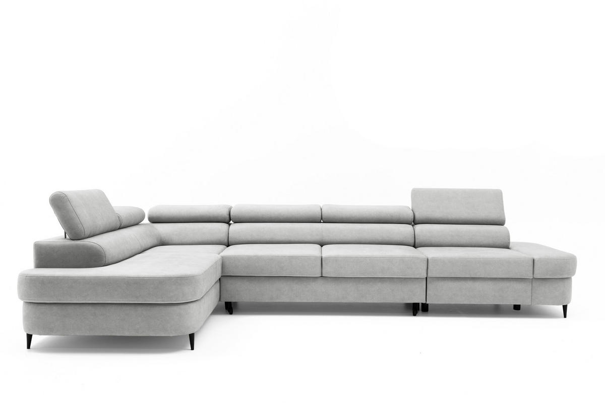 ECKSOFA PRIAM MAXI L-Form mit Schlaffunktion & Bettkasten, 6-Sitzer, 350cm, Verstellbare Kopfstützen Ottomane links - Hellgrau, Holz/Textil (350/203cm) - Muffo