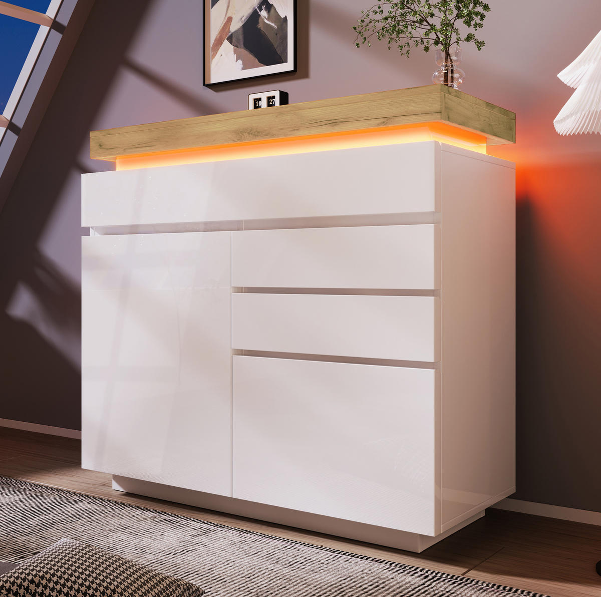 KOMMODE, Hochglanz, 3 Schubladen & 2 Türen, LED-App-Steuerung, 110x39x115 cm, Weiß - Weiß, Holzwerkstoff (39/115/110cm) - Modfu