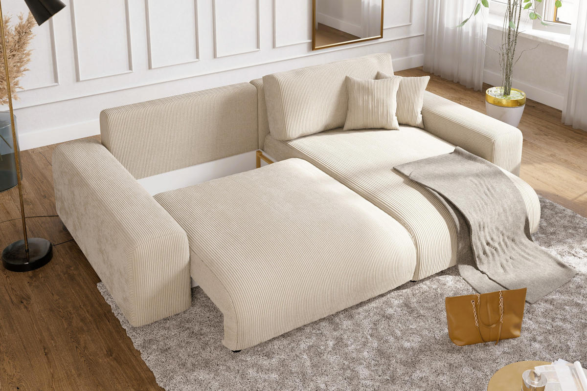 ECKSOFA mit Schlaffunktion, Bettkasten, Wellenunterfederung, seitenverkehrt montierbar B255/T165/H84 cm, Liegefl. 148x196 cm, Cord Beige / 21001 - Beige/Schwarz, Kunststoff/Textil (255/165cm) - luma-home