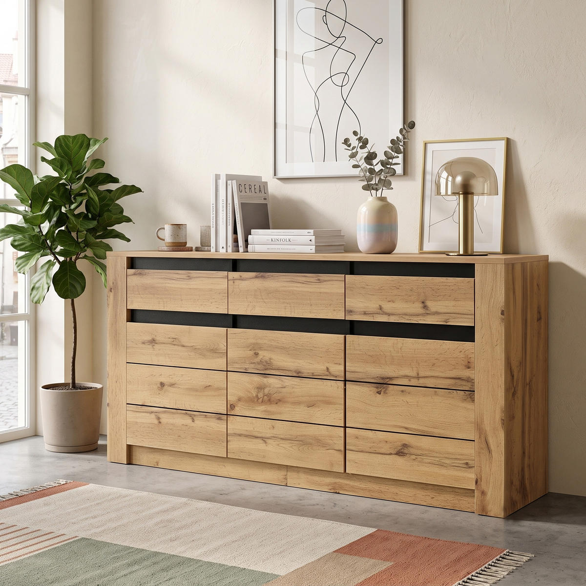 BUFLET 135cm cu Wellenholzoptik, 3 Schubladen & Schrankfächern, Naturholzfarbe - culoare naturală, compozit lemnos (135/70/35cm) - Urban Meuble