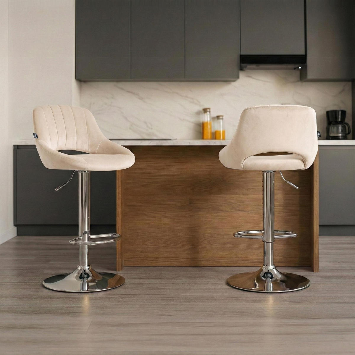 BARHOCKER Samt Creme - Chromfarben/Creme, Textil/Metall (47/85/48cm) - CLP