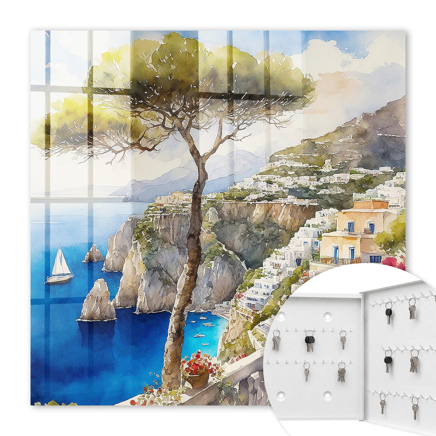 SCHLÜSSELBOX Weiß 30x30 cm – Türöffnung nach rechts - Mediterrane Landschaft - Blau, Metall (30/30/5cm) - TULUP