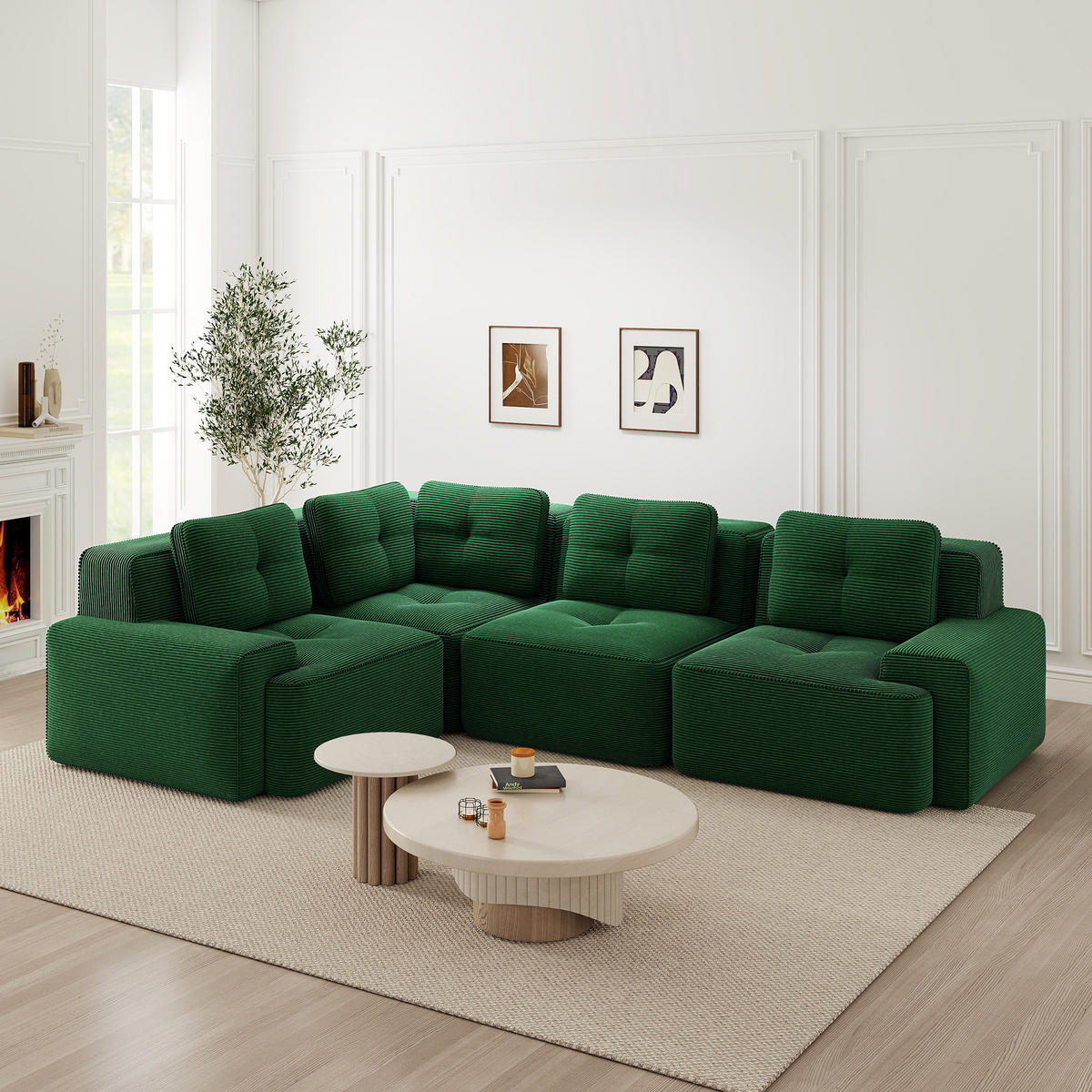 ECKSOFA Cord Grün mit Kissen - Grün, Textil (382/177cm) - WISHDOR