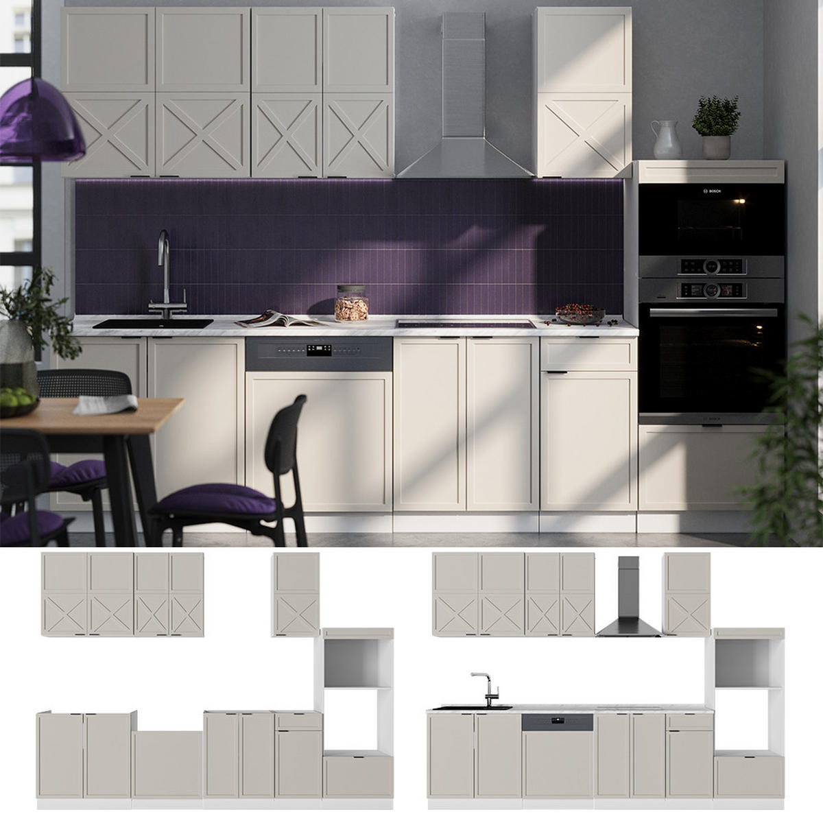 KÜCHENZEILE Fame-Line GrauBeige/Weiß 300 cm mit Hochschrank, AP Eiche - Weiß/Grau, Holzwerkstoff (300/81.6/60cm) - Vicco