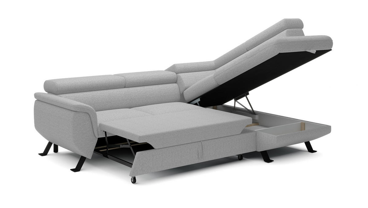 ECKSOFA Raven L mit Schlaffunktion und Bettkasten, Freistehend, Polstersofa mit Verstellbaren Kopfstützen, 257x198x96 cm – Rechte, Esche - Silberfarben, Holz/Textil (256/198cm) - DomoHome
