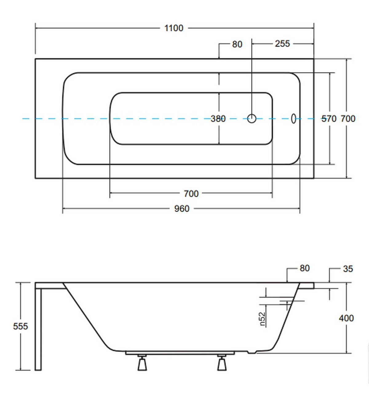 BADEWANNE Rechteck TALIA 110/70 + Styro + Kopfstütze Ablauf Füße - Weiß, Kunststoff (70/55.5/110cm) - bad land