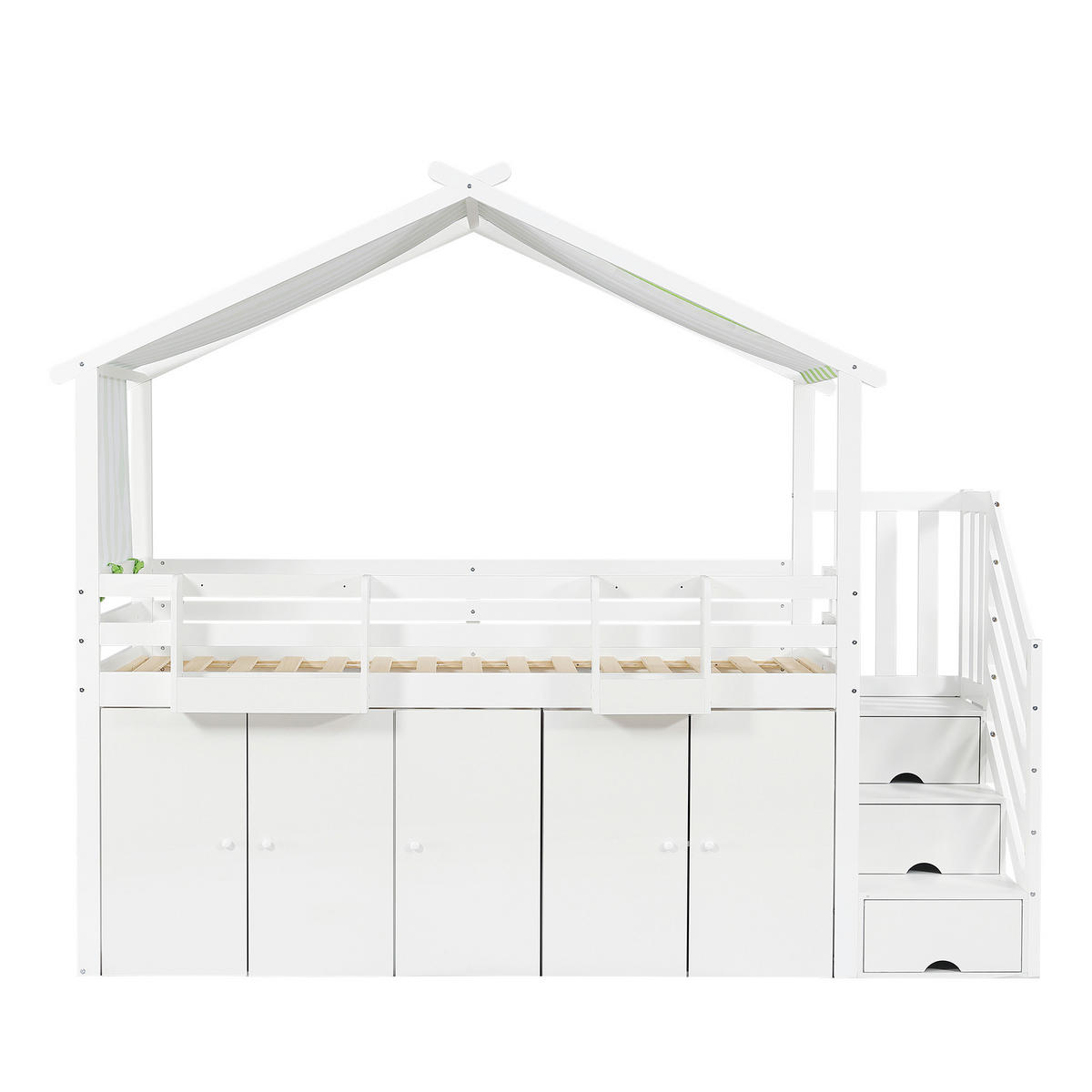 HAUSBETT 90/200 cm in Weiß/Grün mit Stauraum und Treppe - Weiß, Holz (90/200cm) - BEAOK