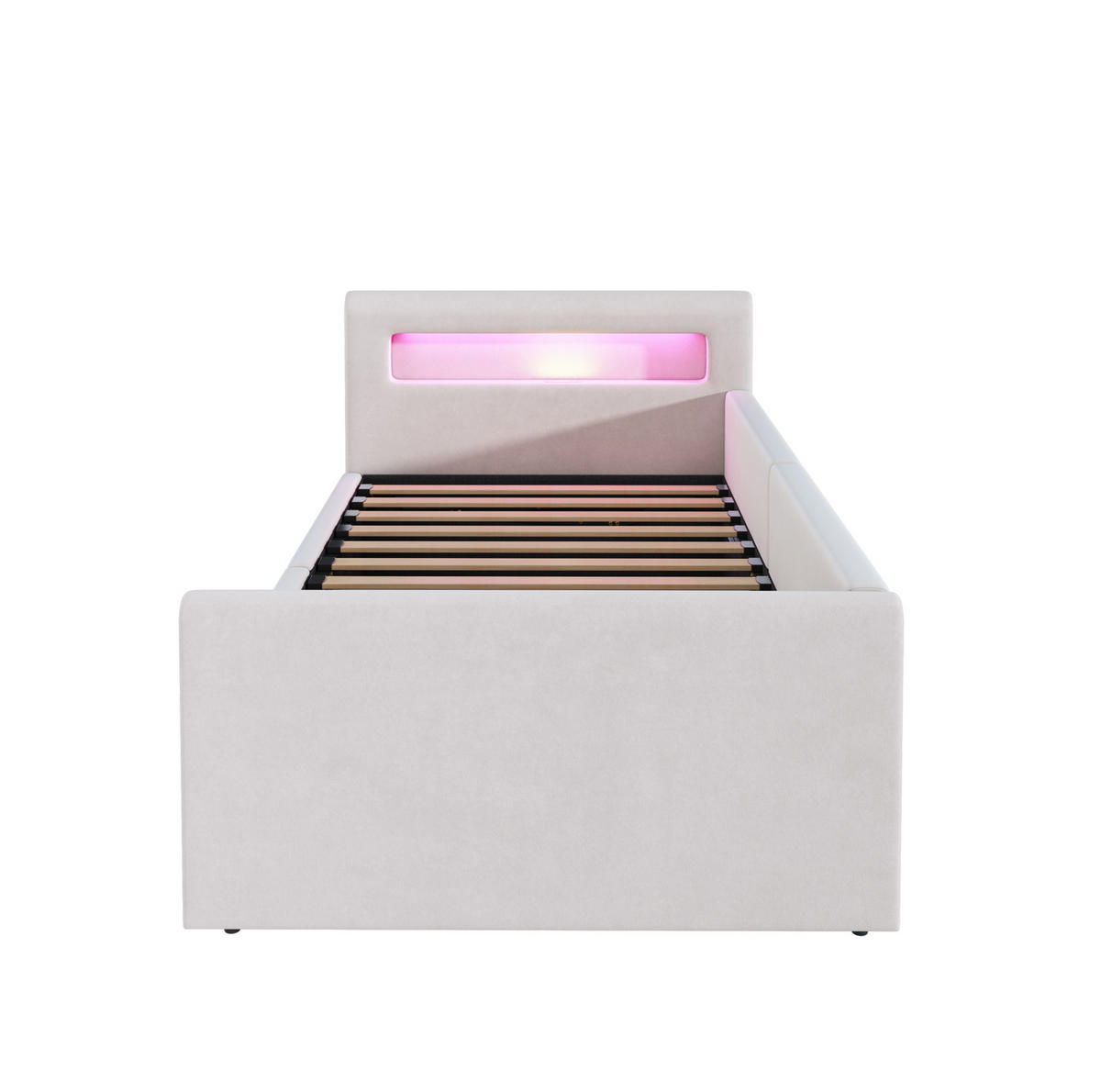 KINDER-POLSTERBETT aus Samt 90x200 cm Beige mit LED, USB-Anschluss und hydraulischem Bettkasten - Beige, Textil (90/200cm) - IVMEU