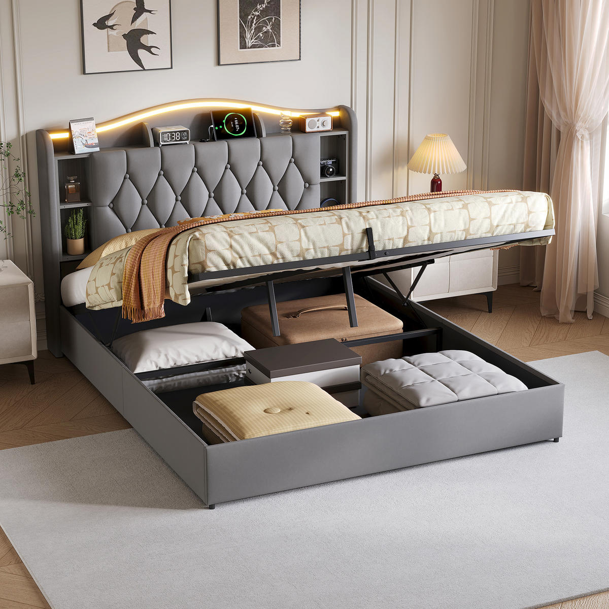 POLSTERBETT 140x190 cm LED USB C Stauraum Lattenrost Samt grau - Grau, Holz (140/190cm) - LEBENLANG