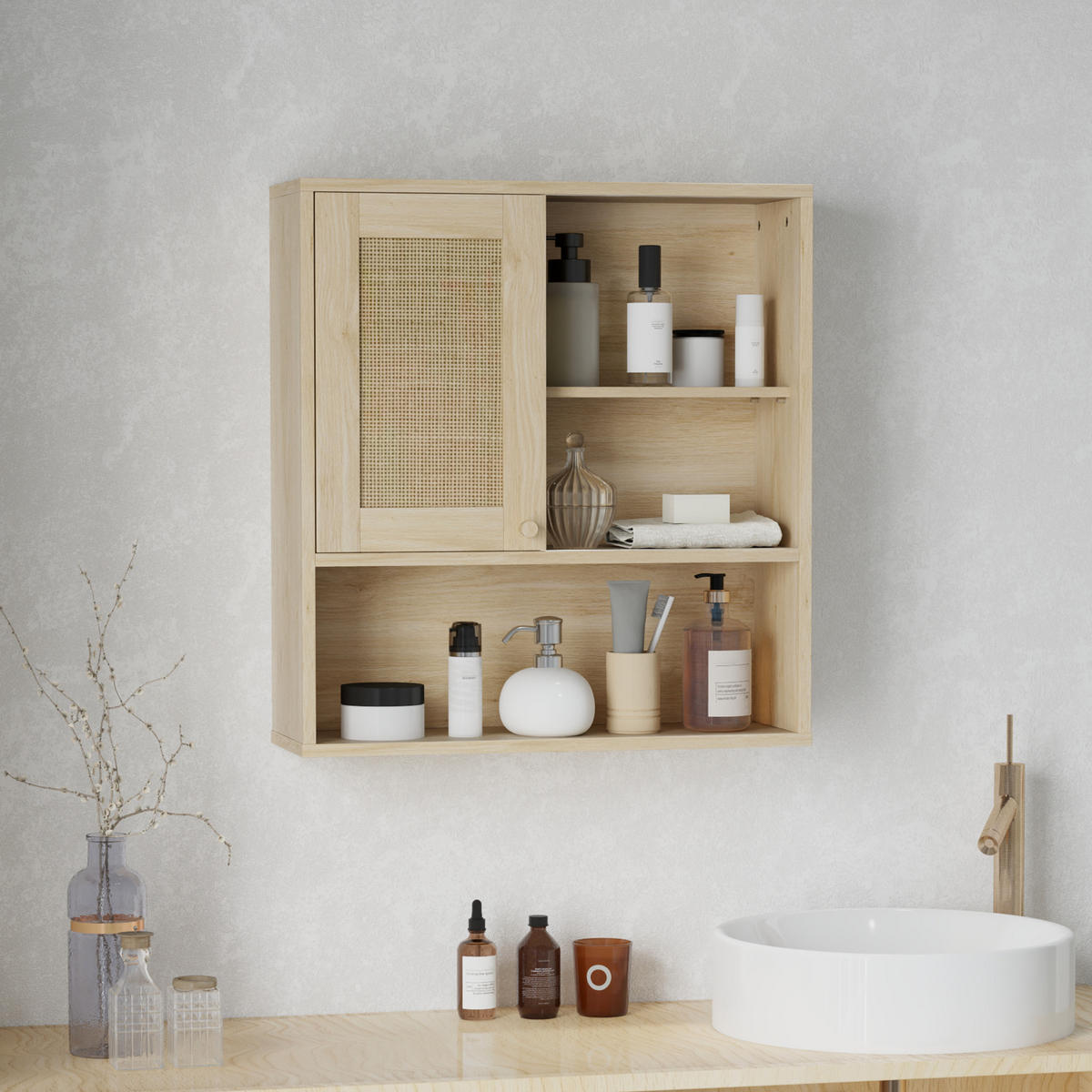 HÄNGESCHRANK DE-15908 mit verschiebbarer Rattantür Naturholz - Naturfarben, Holzwerkstoff (19.8/65/60cm) - ComfortXL