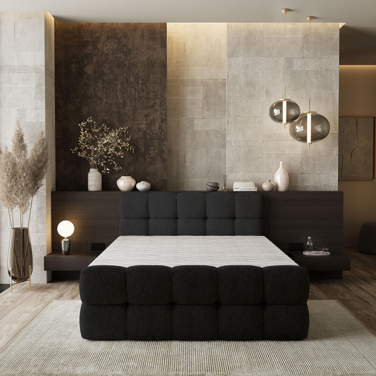 BOXBETT BRUME 160x200 cm mit Matratze und Topper, H2+H3 - Schwarz - Schwarz, Holz (160/200cm) - MASSENO