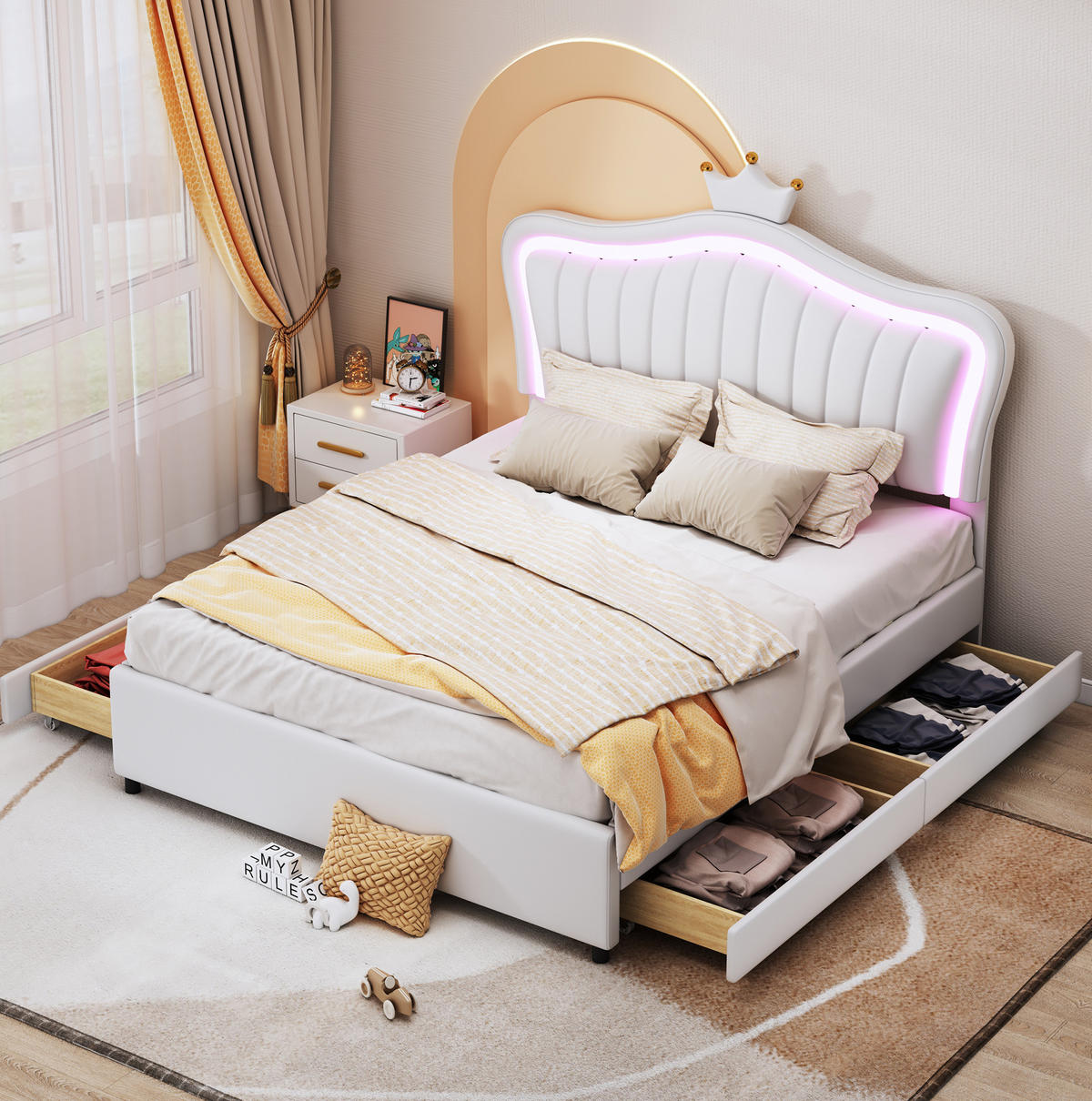 DJEČJI tapecirani krevet 140/200 cm bijeli od PU kože s LED rasvjetom i 4 ladice - bijela, tekstil (140/200cm) - OKWISH