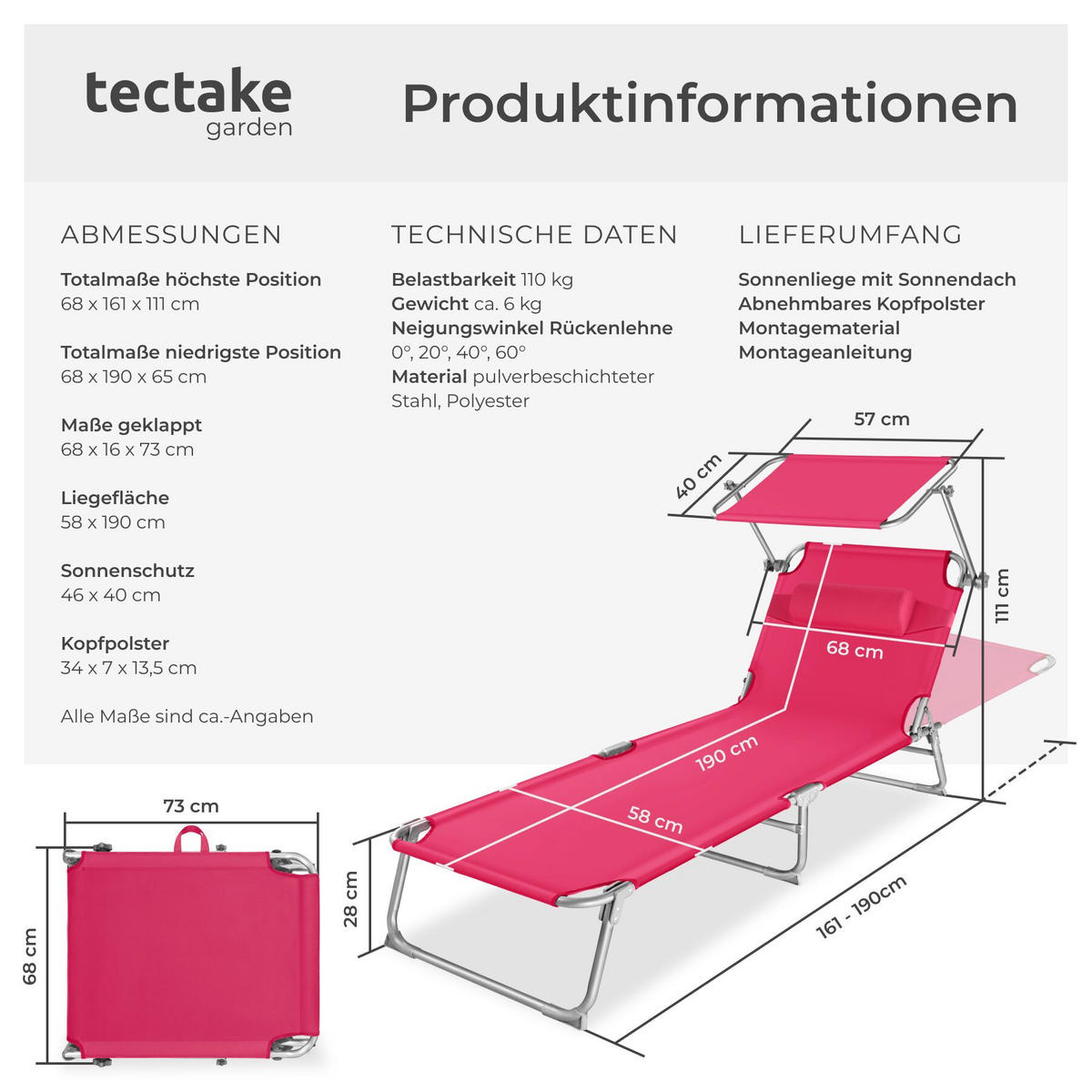 SONNENLIEGE Chloé, 190 x 68 x 111 cm, mit Seitentasche, pink - Pink, Kunststoff (68/65/190cm) - tectake
