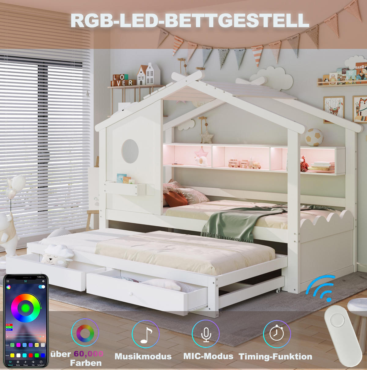 KINDERBETT 90/200 cm mit Ausziehbett 90/190, LED, USB- und USB-C-Anschluss, Schubladen, Weiß - Weiß, Holzwerkstoff (90/200cm) - Redom