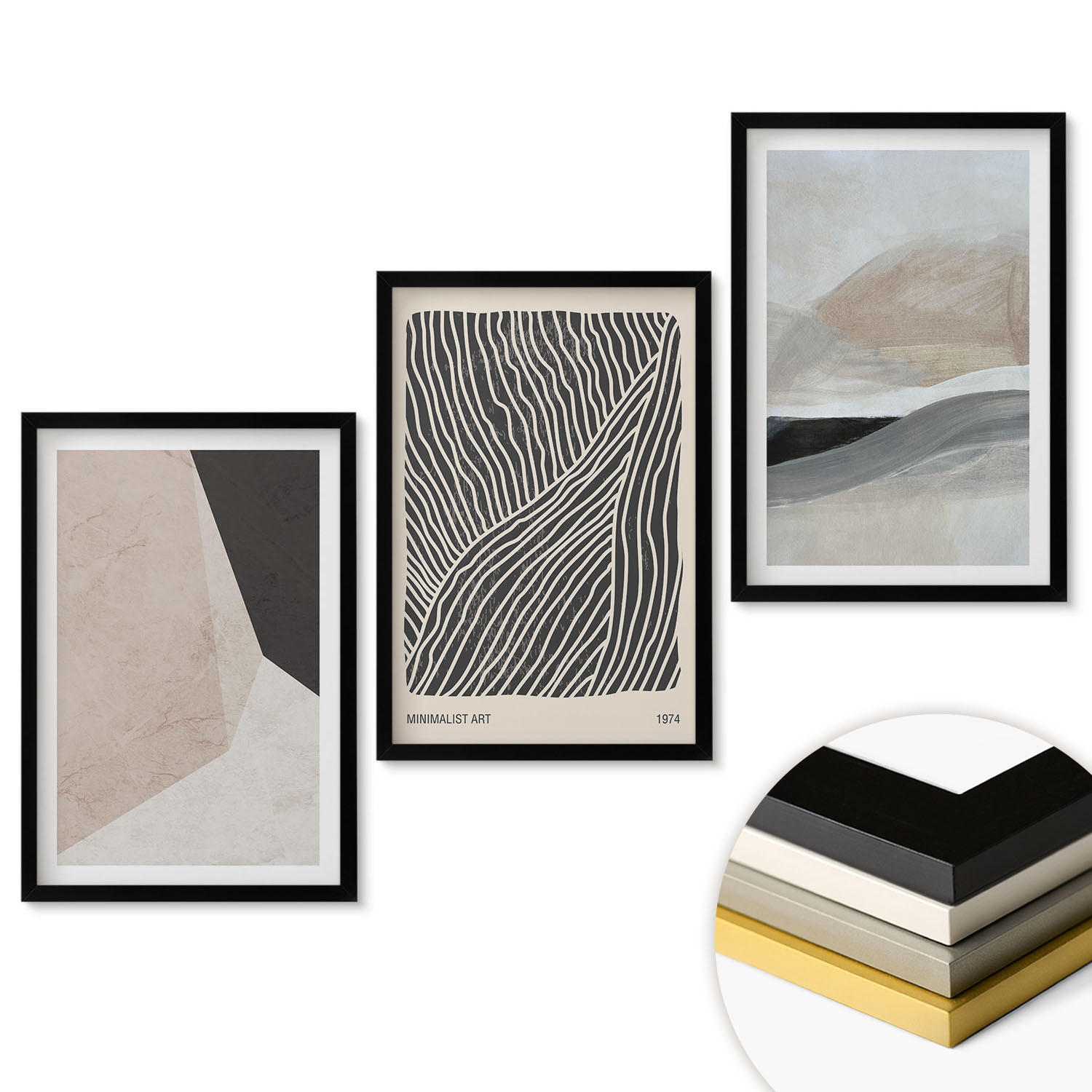 WANDBILDER 3er-Set - 40x60 cm Schwarzer Rahmen - Abstrakte Muster in Beige und Grau - Schwarz, Kunststoff (40/60cm) - ArtPrintCave