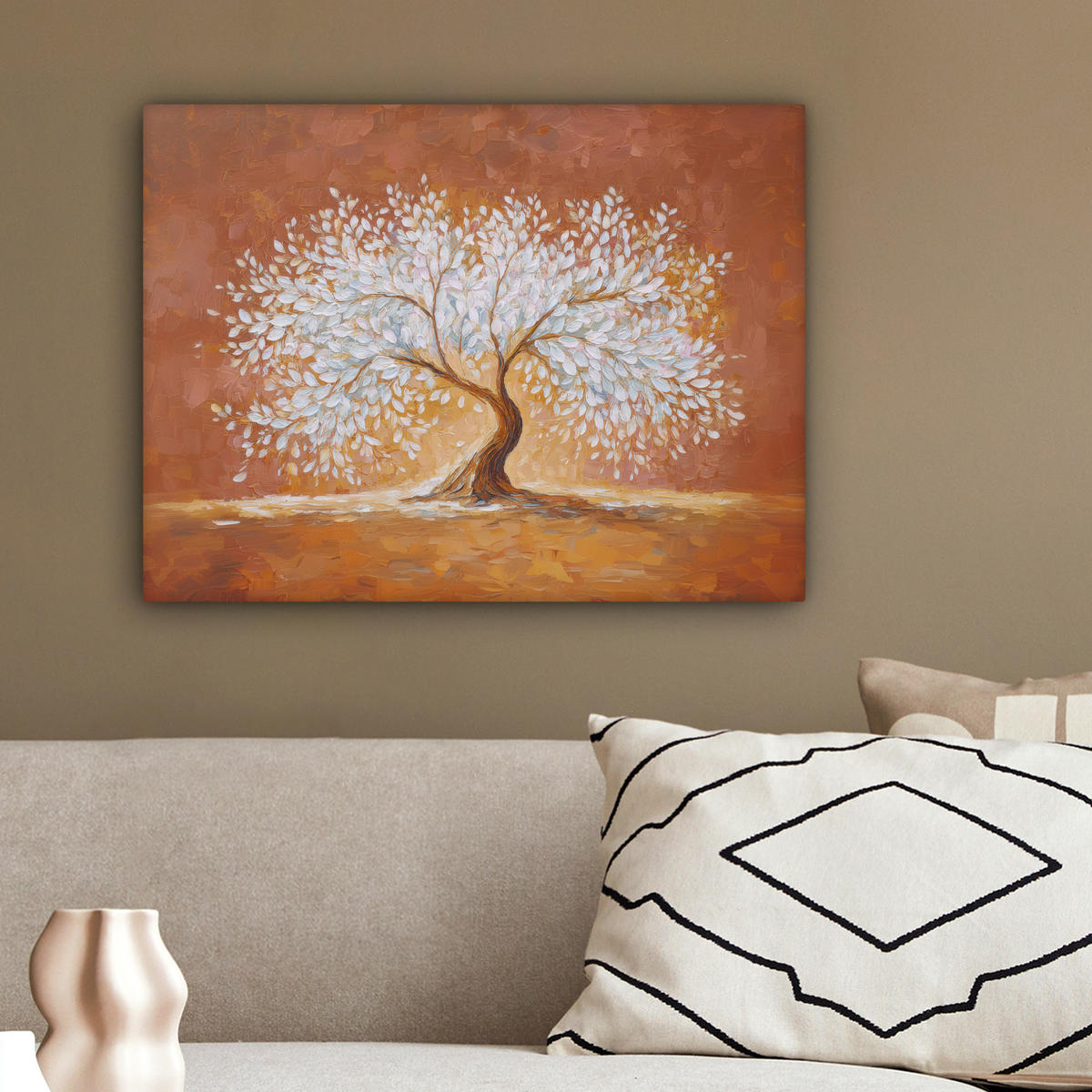 LEINWANDBILD Abstrakt - Baum - Weiß - Blätter Wandbild 40x30 cm - Braun, Textil (40/30cm) - MuchoWow