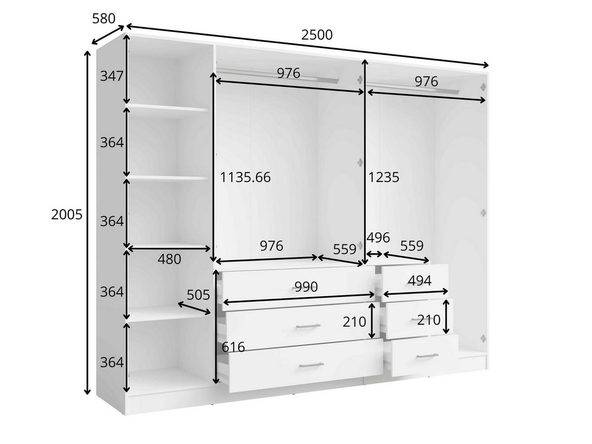 DREHTÜRENSCHRANK NEVARIS 250/200,5/58cm 5-türig mit Spiegel Weiß - Weiß, Holzwerkstoff (250/200.5/58cm) - MASSENO