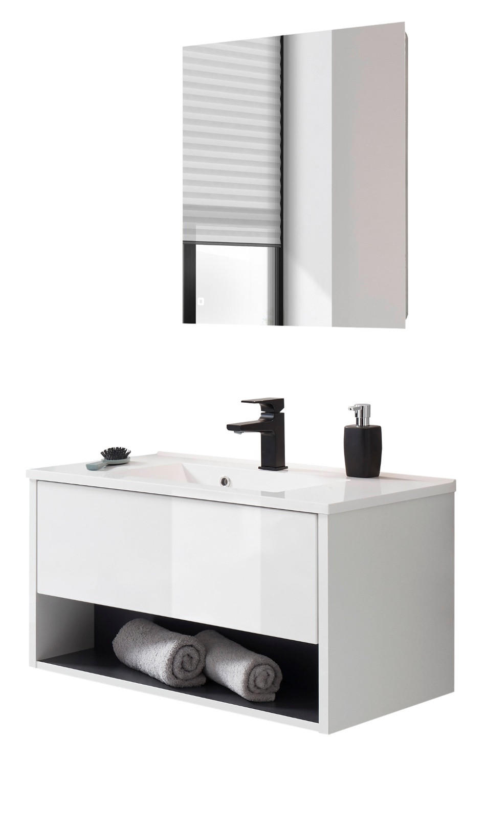 BADMÖBEL Set in weiß Hochglanz und grau mit Waschbecken und LED Beleuchtung 80 x 190 cm Glide - Weiß Hochglanz/Grau, Glas/Holzwerkstoff (80/190/47cm) - Furn.Design