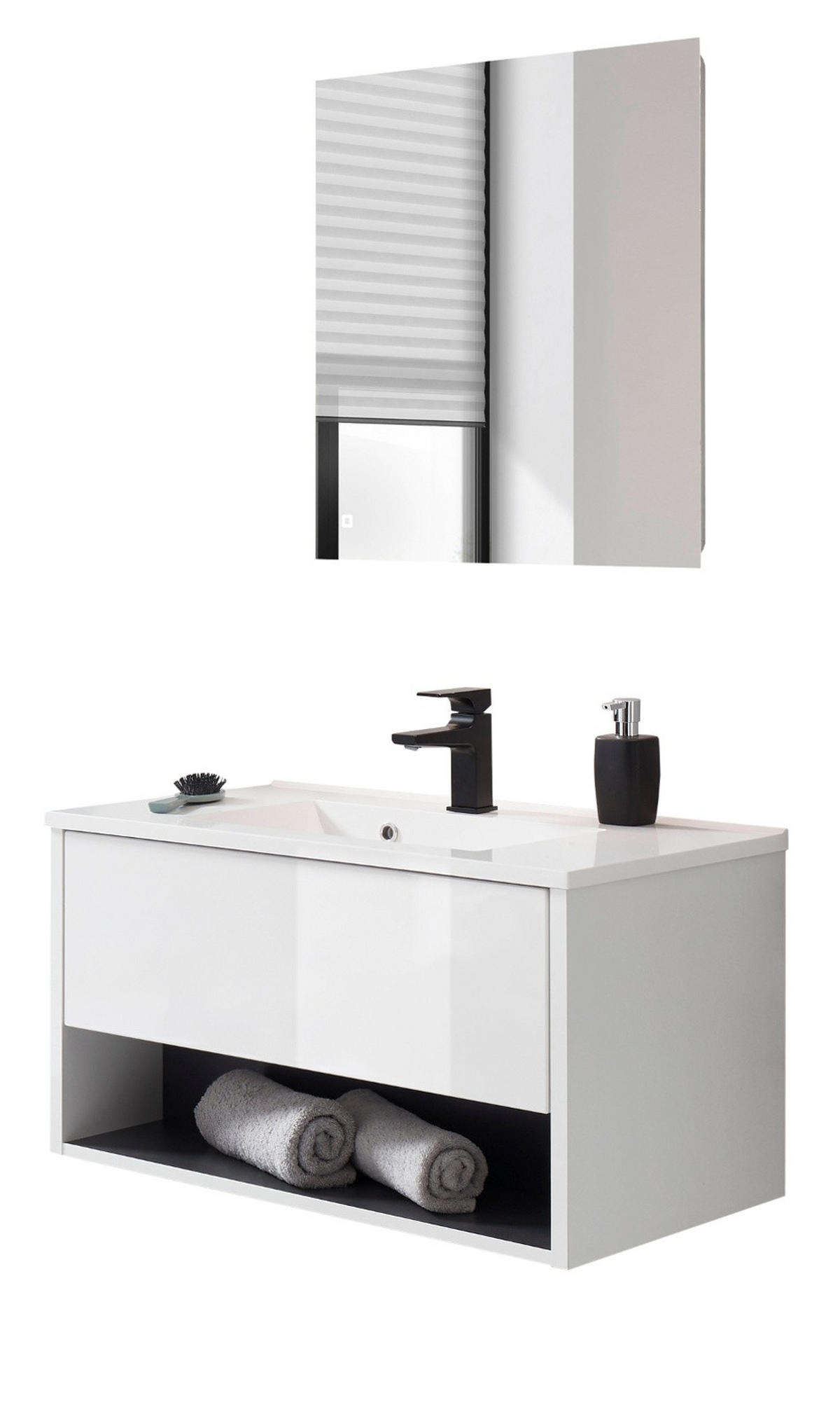 BADMÖBEL Set in weiß Hochglanz und grau mit Waschbecken und LED Beleuchtung 80 x 190 cm Glide - Weiß Hochglanz/Grau, Glas/Holzwerkstoff (80/190/47cm) - Furn.Design