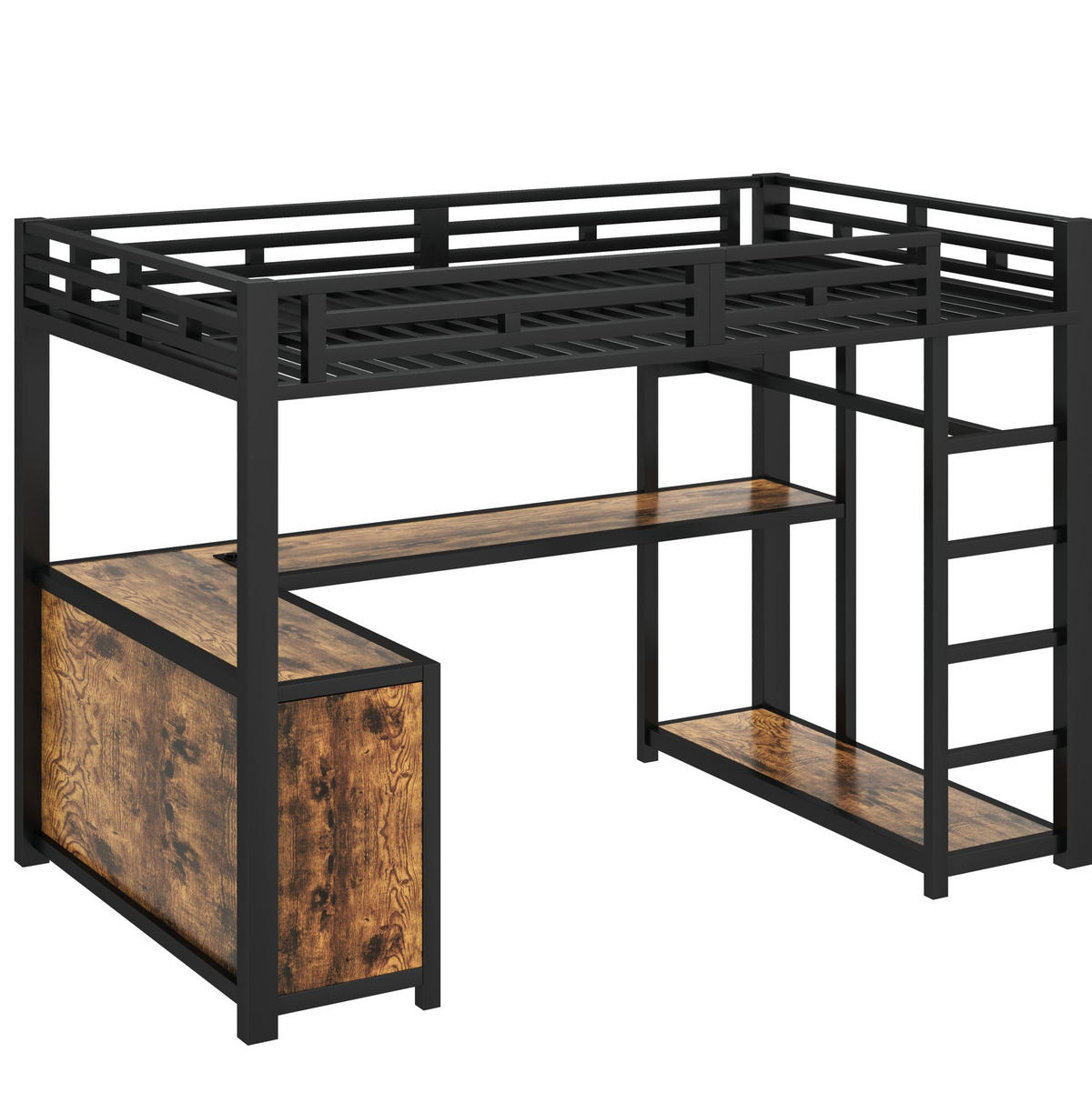 HOCHBETT 140/200 cm aus Metall und MDF mit Schreibtisch LED-Beleuchtung und Kleiderschrank Schwarz - Schwarz, Holzwerkstoff (140/200cm) - Modenvie