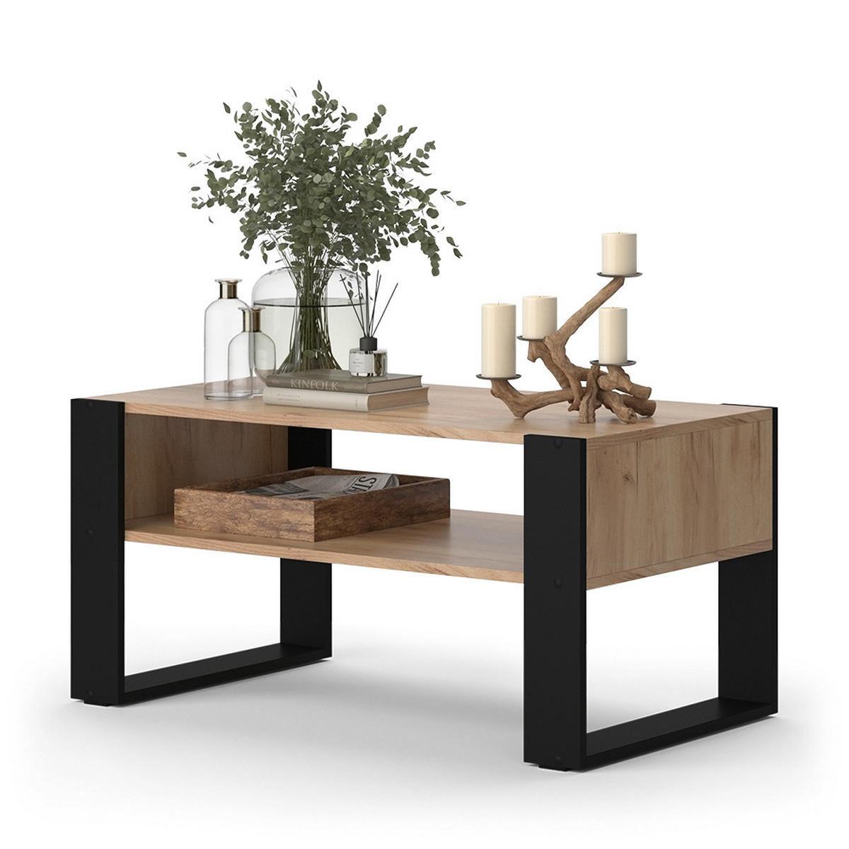 COUCHTISCH Olli Goldkraft Eiche 92 x 52,4 cm mit Ablage - Eiche Wotan/Schwarz, Holzwerkstoff (52.4/92/45.6cm) - Vicco