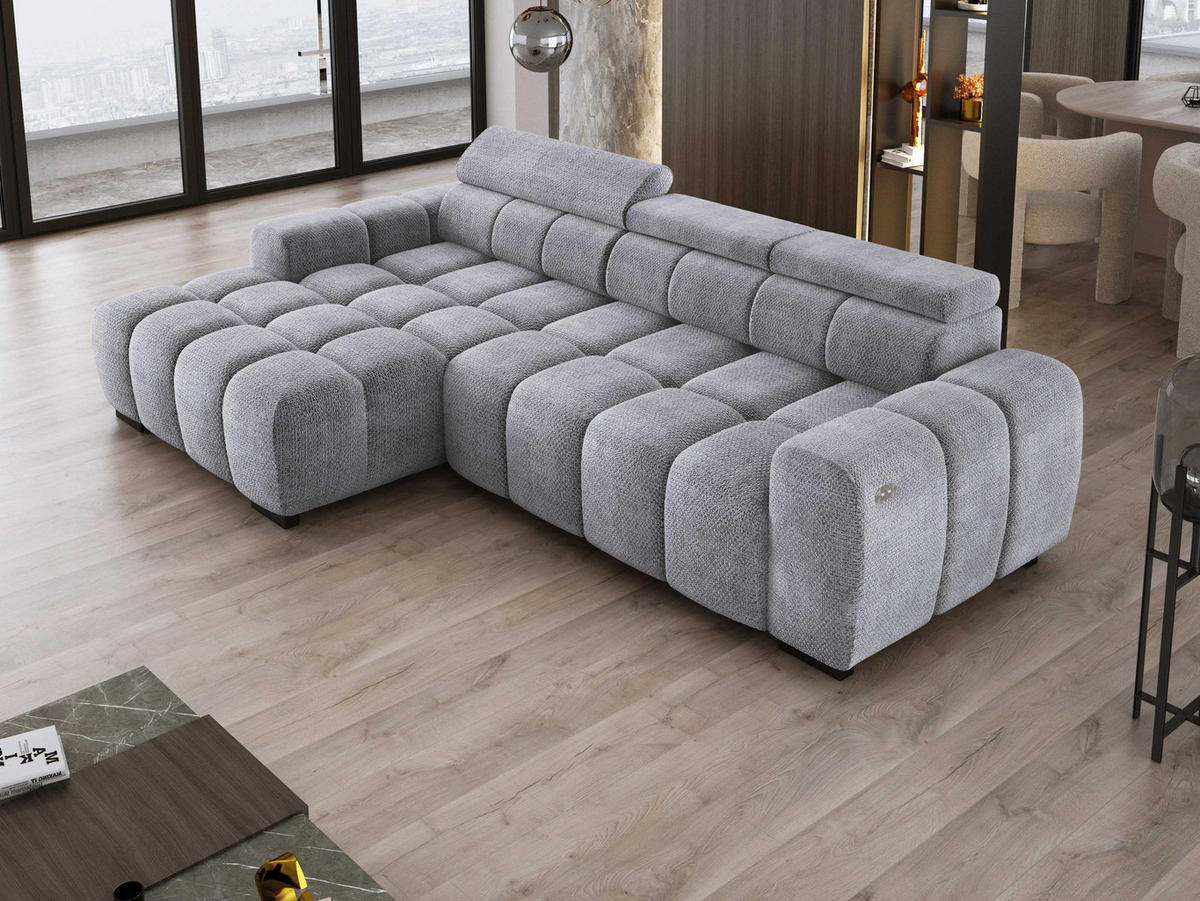 ECKSOFA OMBO 285x168x77/97 cm, Links, Schlaffunktion, elektr. Sitz, Kopfstützen, hydrophober EDEN-Stoff – Silber - Silberfarben, Holz/Textil (168/285cm) - DomoHome