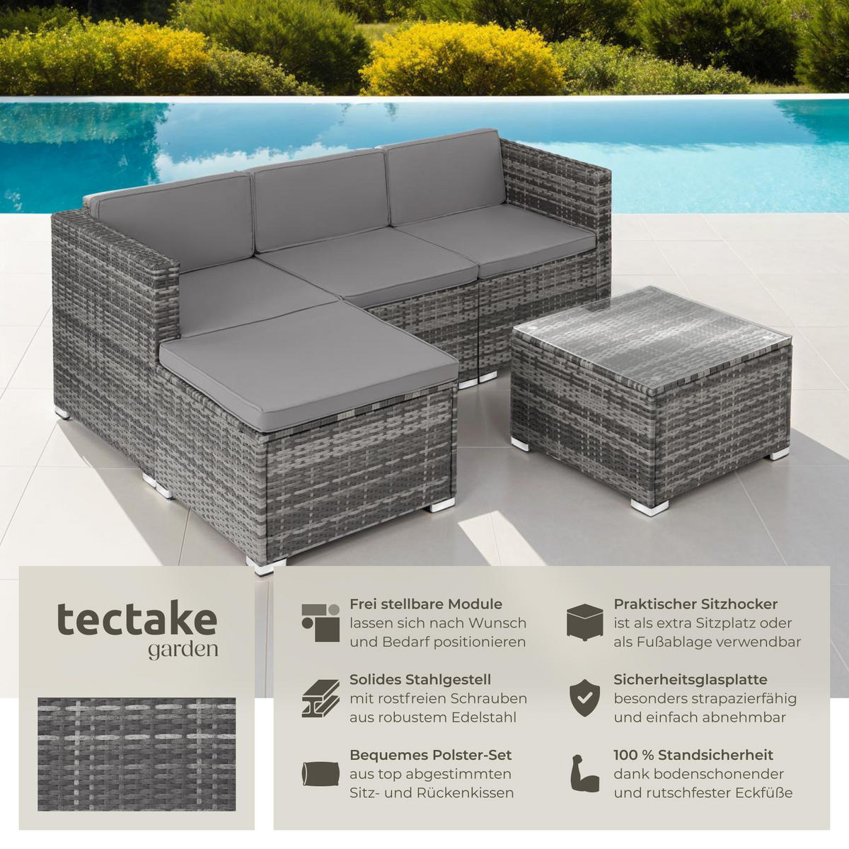 RATTANLOUNGE Lignano,variabel aufstellbar,grau - Grau, Kunststoff - tectake