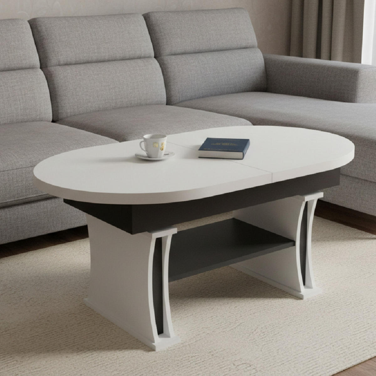 COUCHTISCH oval ausziehbar höhenverstellbar Ablage 130/80/60 cm - Schwarz/Weiß, Holzwerkstoff (80/130/60cm) - designimpex