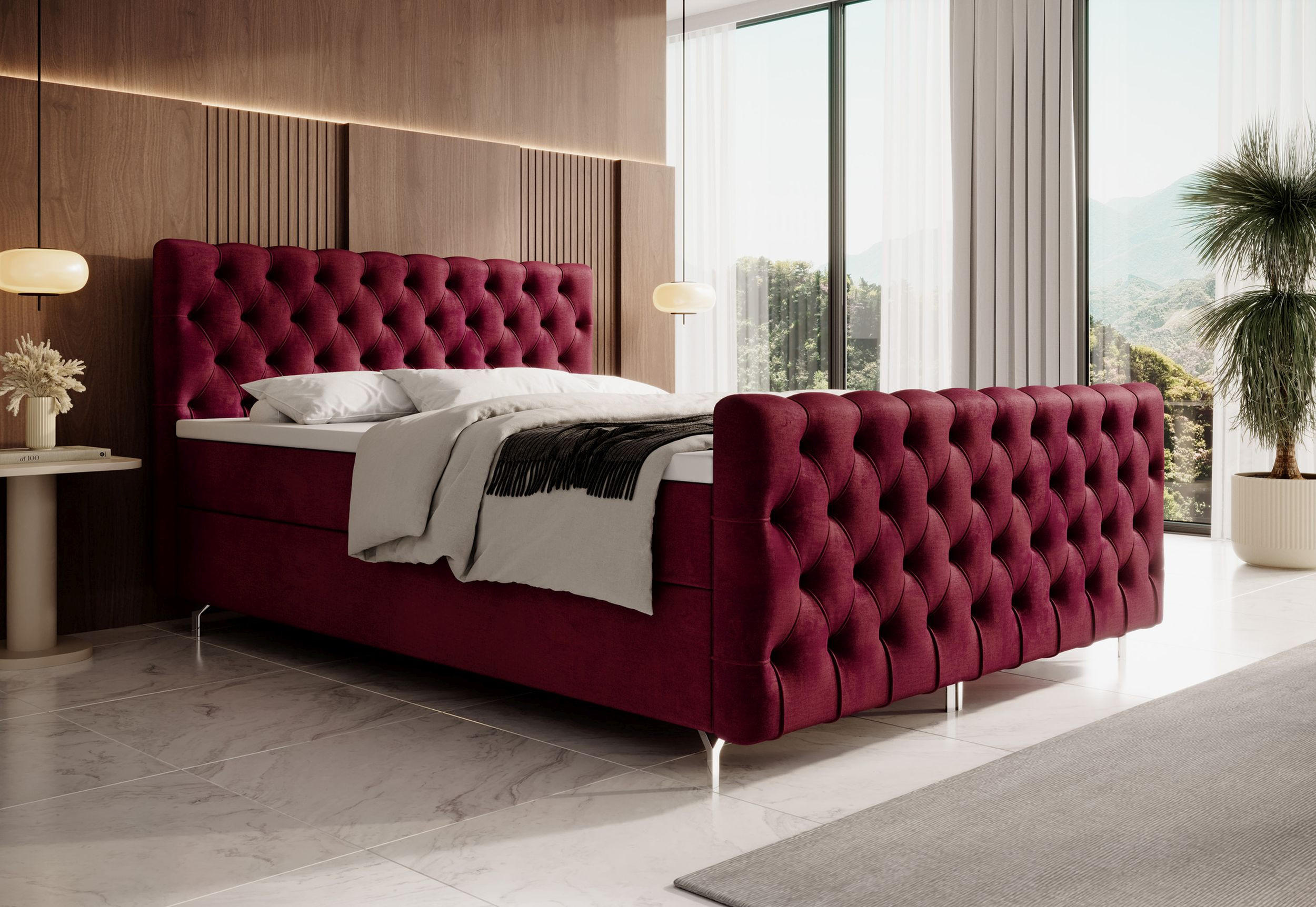BOXBETT CHESTER 200x200, mit Matratze H3, Bonell und Topper, Monolith 59 - Rot, Holz/Textil (200/200cm) - Bedante