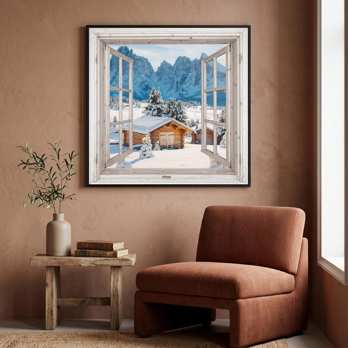 LEINWAND Bilder mit Rahmen - Winterlandschaft - Hütte - Berge - Ausblicke - Aussicht - Natur - 90x90 - Weiß Hochglanz, Textil (90/90cm) - MuchoWow