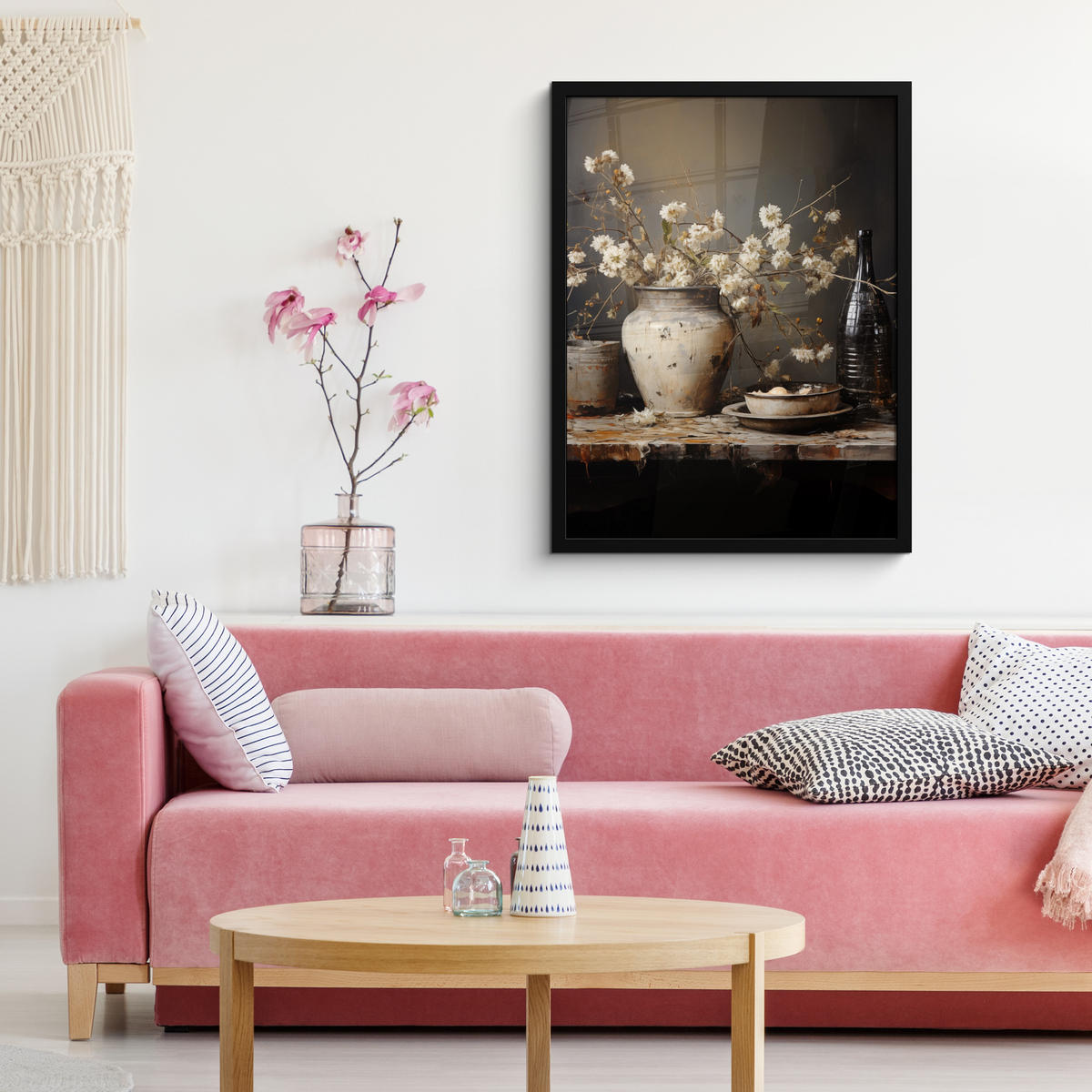 GERAHMTES BILD Stilleben - Blumen - Blumenstrauß - Vase - Wein 60x80 cm - Schwarz, Papier (60/80cm) - MuchoWow
