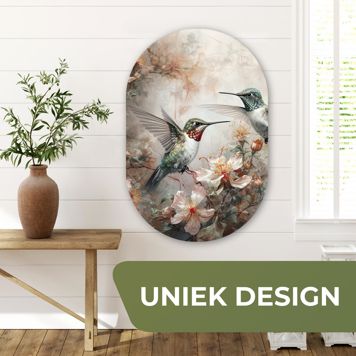 WANDBILD Kolibri - Vögel - Blumen - Pflanzen Wanddeko Schlafzimmer 60x90 cm - Hellgrün, Kunststoff (60/90cm) - MuchoWow