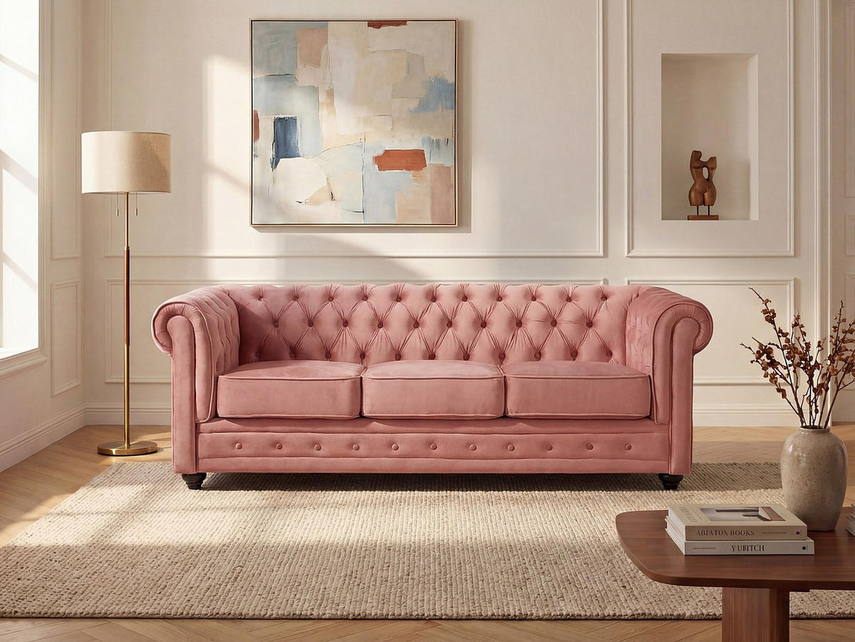 SOFA 3-Sitzer - Samt - Rosa - CHESTERFIELD - Pink, Textil (205/72/88cm) - Vente-Unique