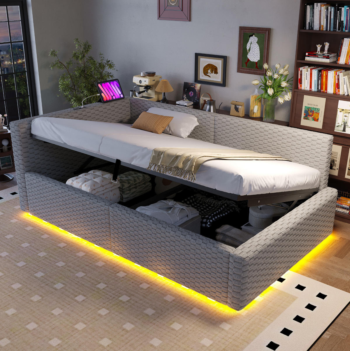 TAPECIRANI krevet 90/200 cm s LED osvjetljenjem, USB i Type-C priključkom te hidrauličnim spremnikom, Siva - siva, drvni materijal (90/200cm) - Redom