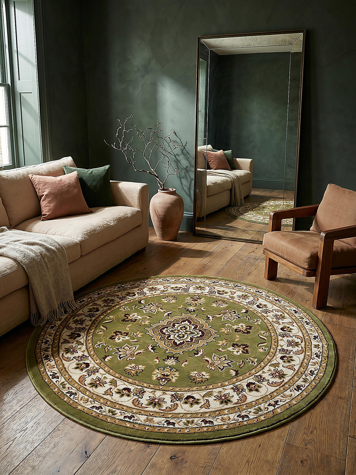 TEPPICH GLAZERT, klassisch-floral, Grün, Ø 133 cm - Grün, Textil (133/133cm) - KADIMA DESIGN