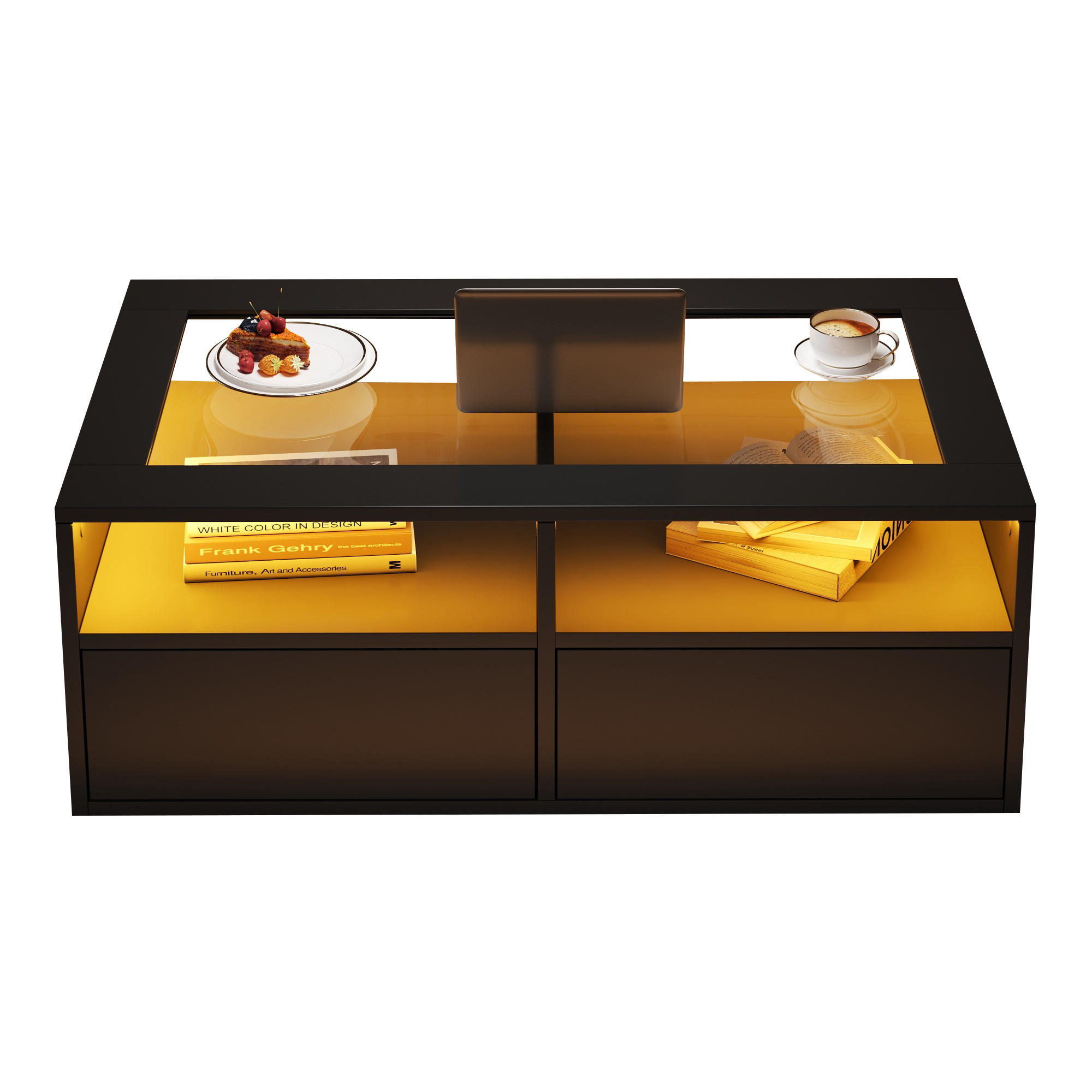 COUCHTISCH in Schwarz Wohnzimmertisch mit LED-Beleuchtung, Glasplatte, 2 Schubladen & offenem Stauraum, B100/T50/H35cm - Schwarz, Glas/Holzwerkstoff (50/100/35cm) - STILVORA